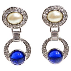 Retro Yves Saint Laurent 1990s Faux Sapphire Pearl Dangle Earrings