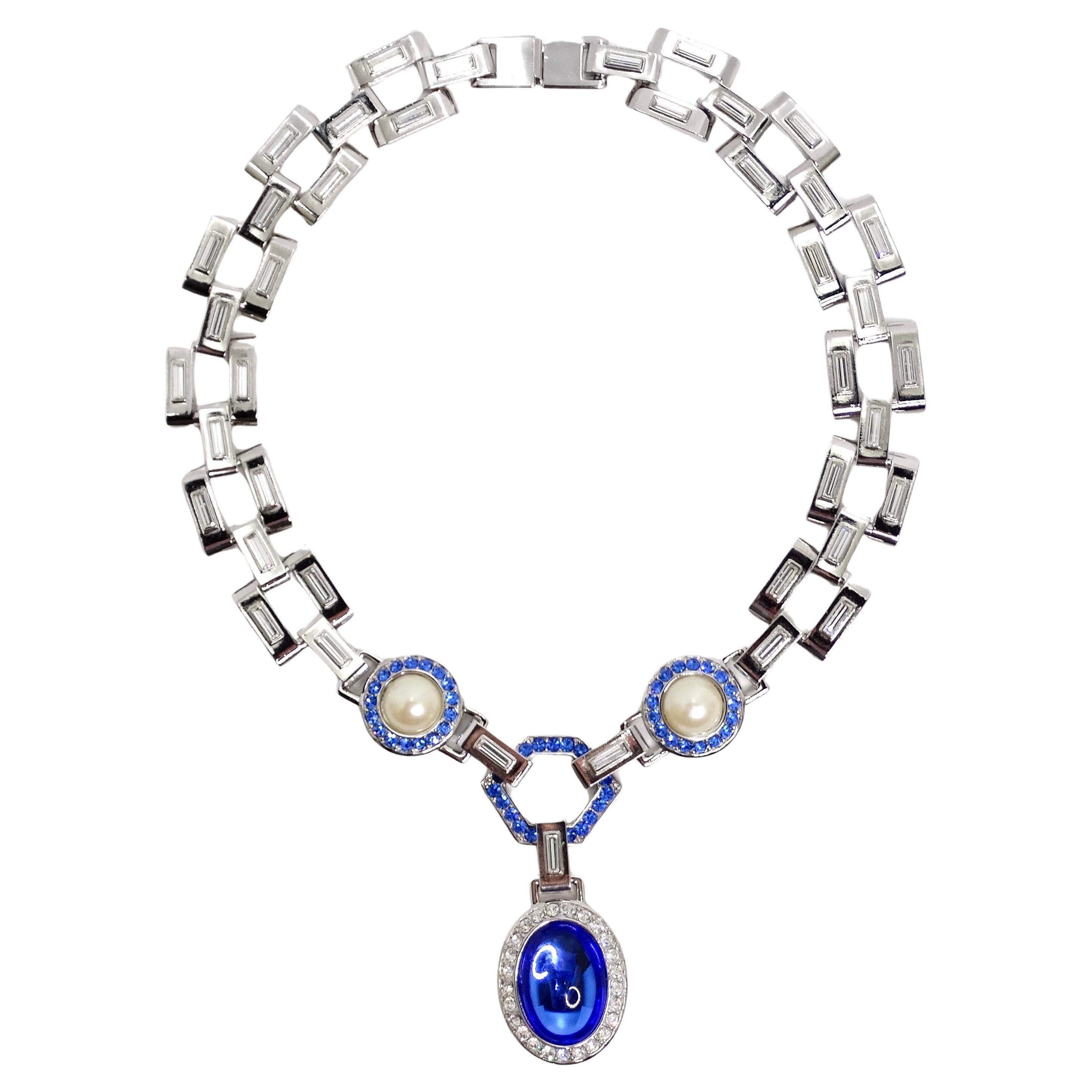 Yves Saint Laurent 1990s Faux Sapphire Pearl Necklace For Sale