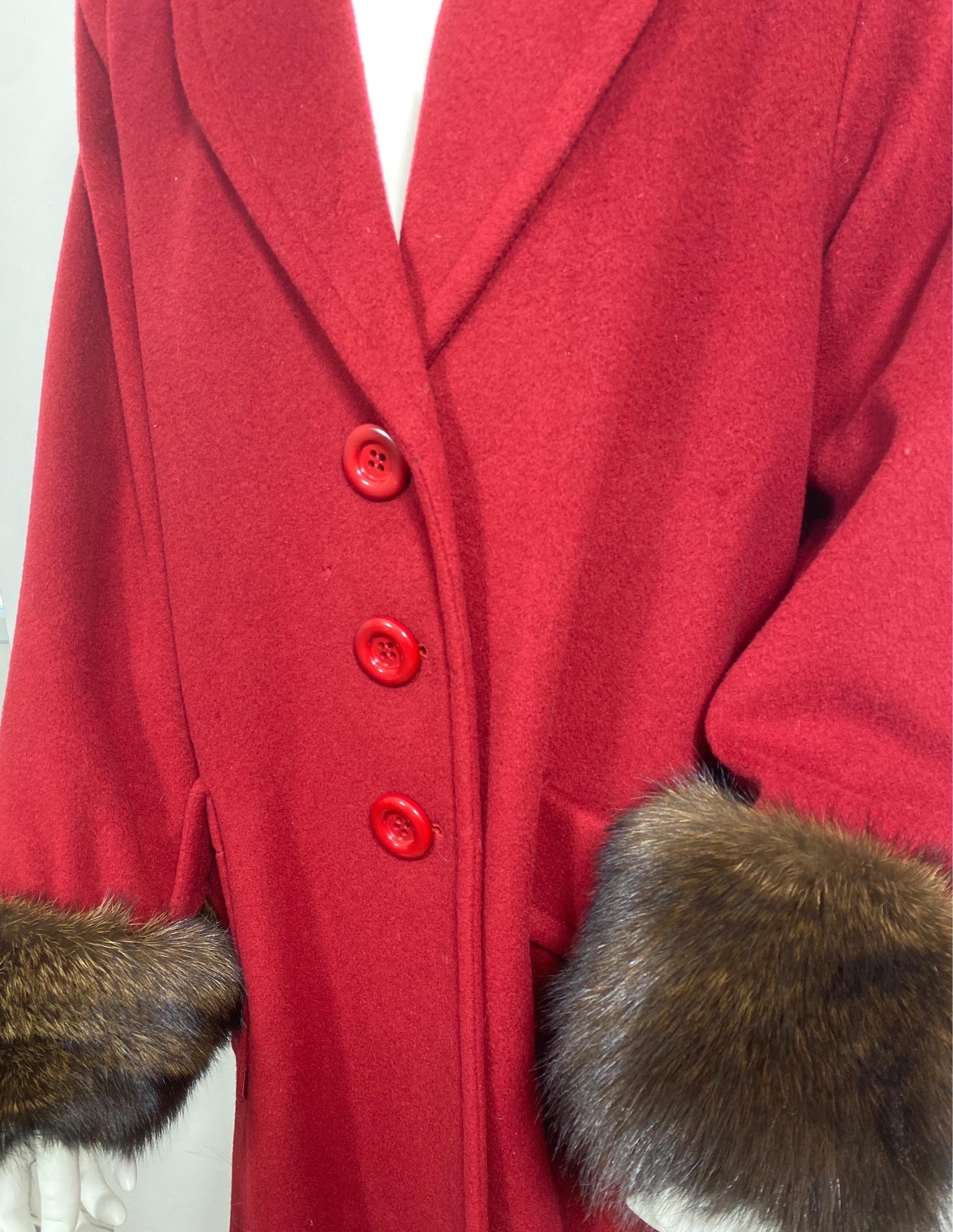 Yves Saint Laurent 1990’s Garnet Cashmere and Fox Swing Coat -Size Large  In Good Condition For Sale In West Palm Beach, FL