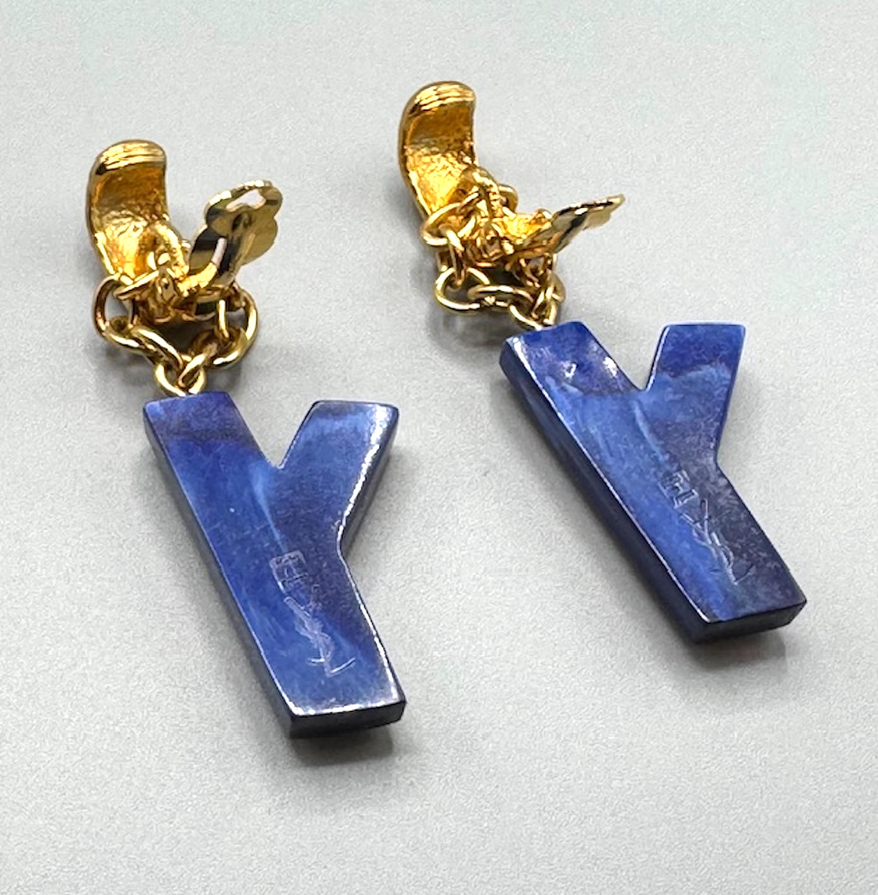 Yves Saint Laurent 1990s Gold & Blue Resin Y Letter Pendant  Earrings 7