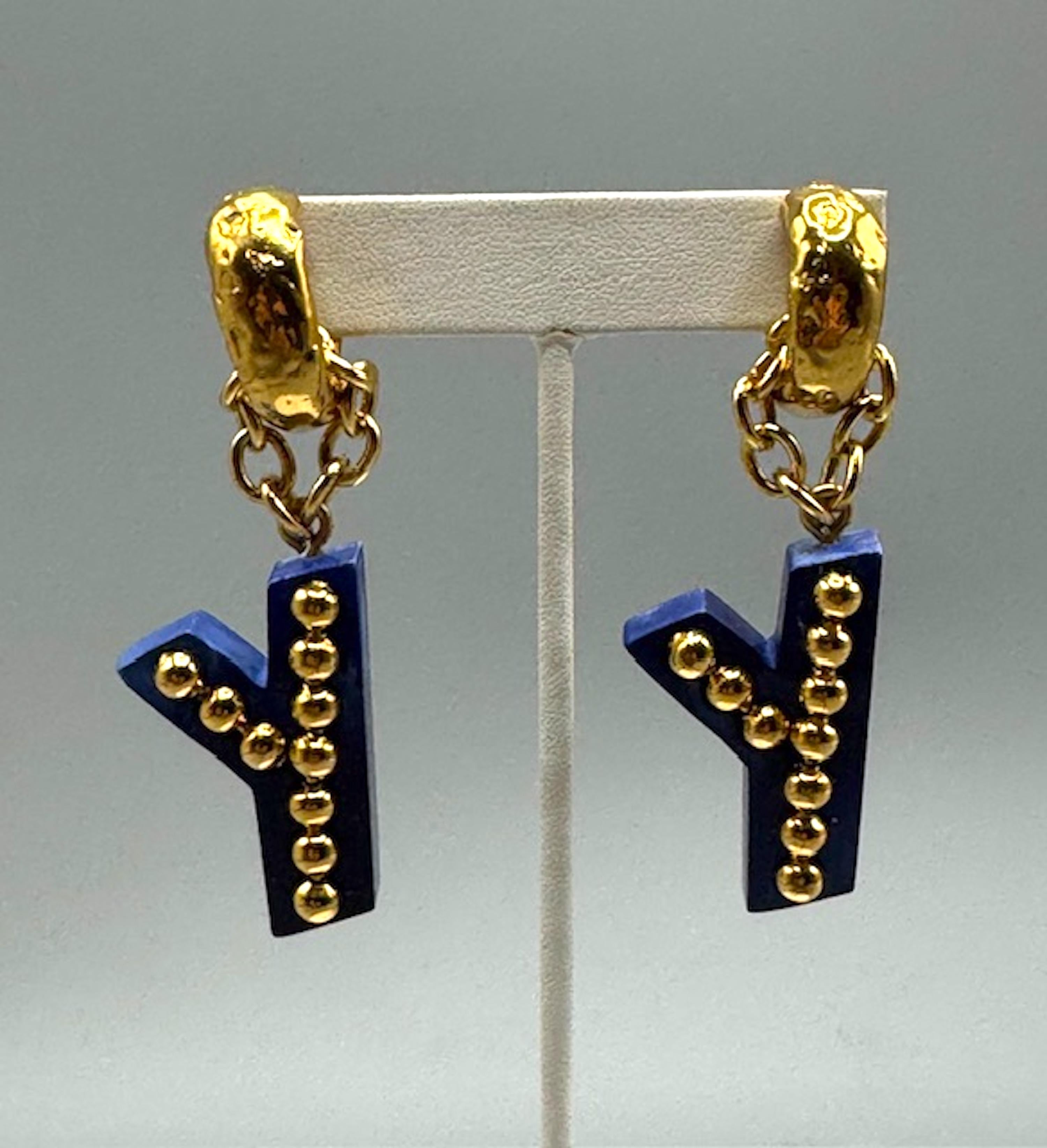 Yves Saint Laurent 1990s Gold & Blue Resin Y Letter Pendant  Earrings 11