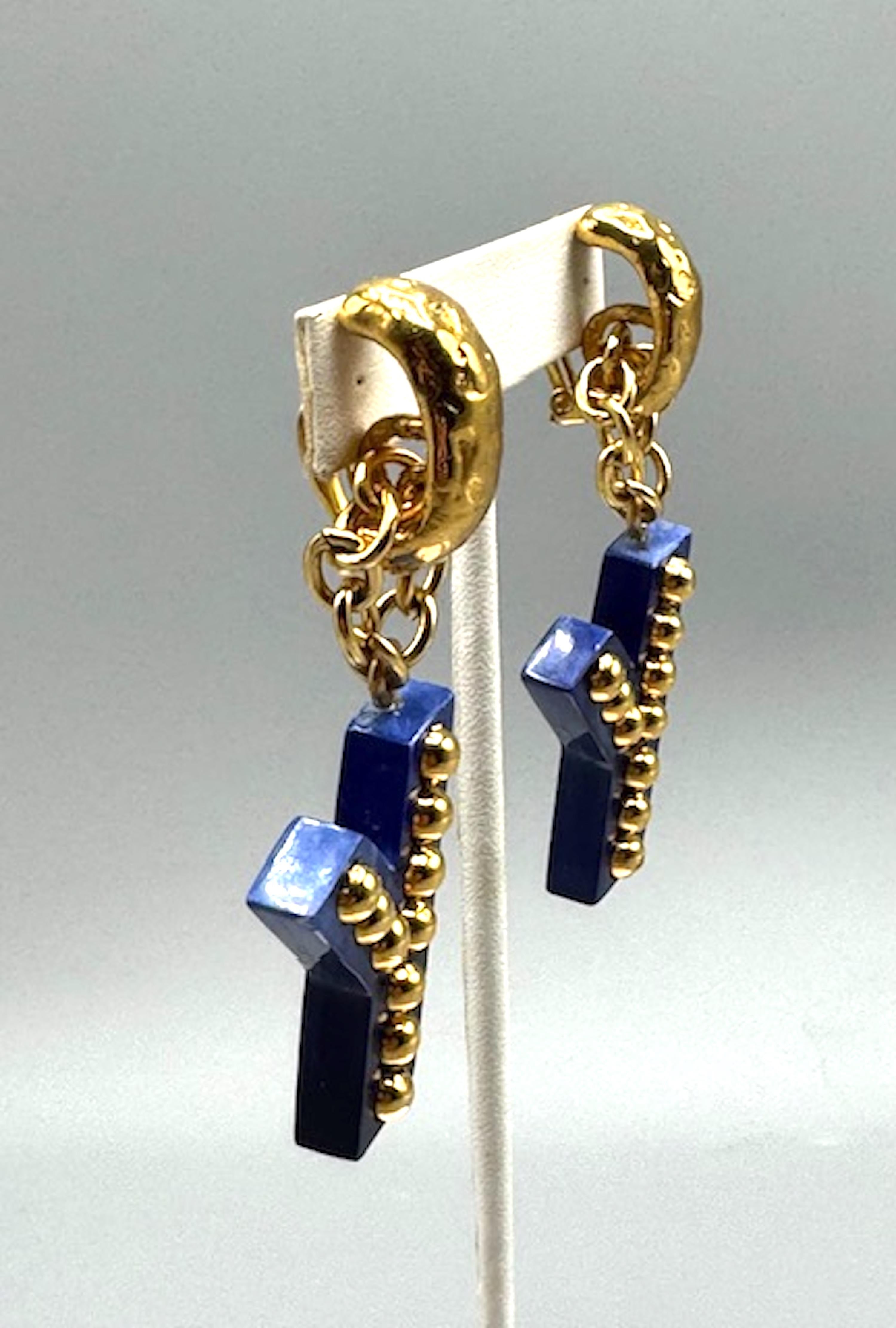Yves Saint Laurent 1990s Gold & Blue Resin Y Letter Pendant  Earrings 12