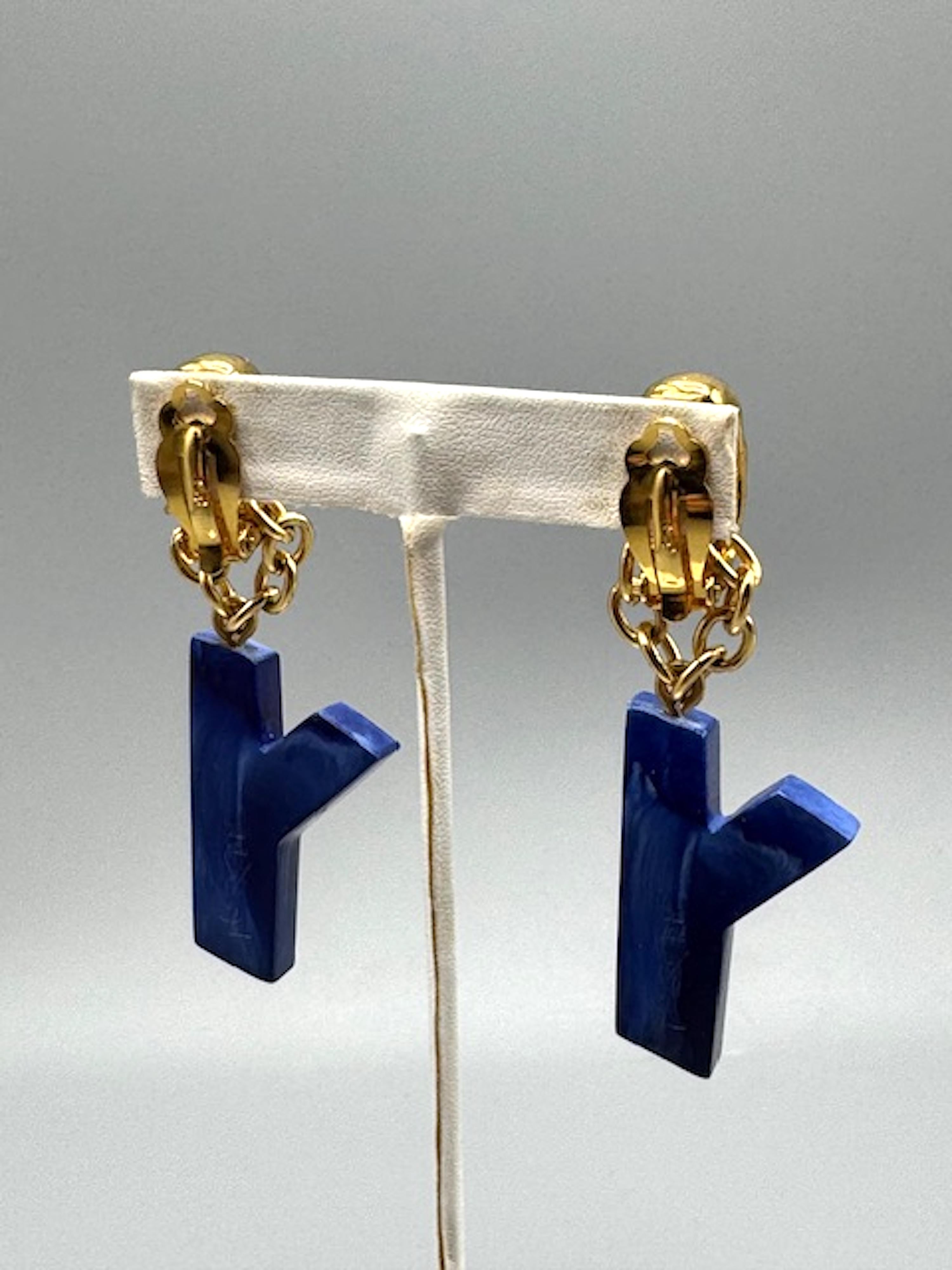 Yves Saint Laurent 1990s Gold & Blue Resin Y Letter Pendant  Earrings 13