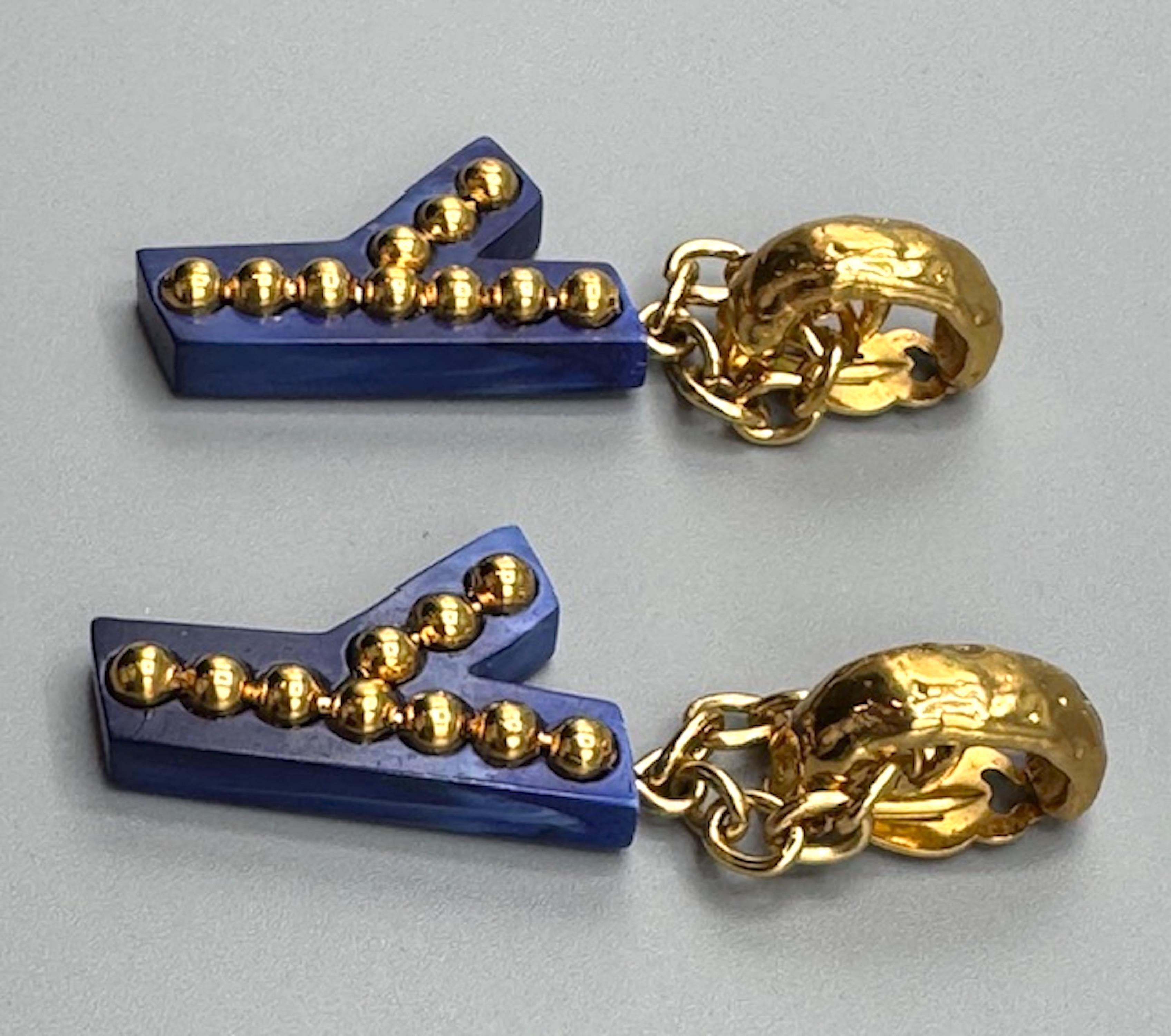 Yves Saint Laurent 1990s Gold & Blue Resin Y Letter Pendant  Earrings In Good Condition In New York, NY
