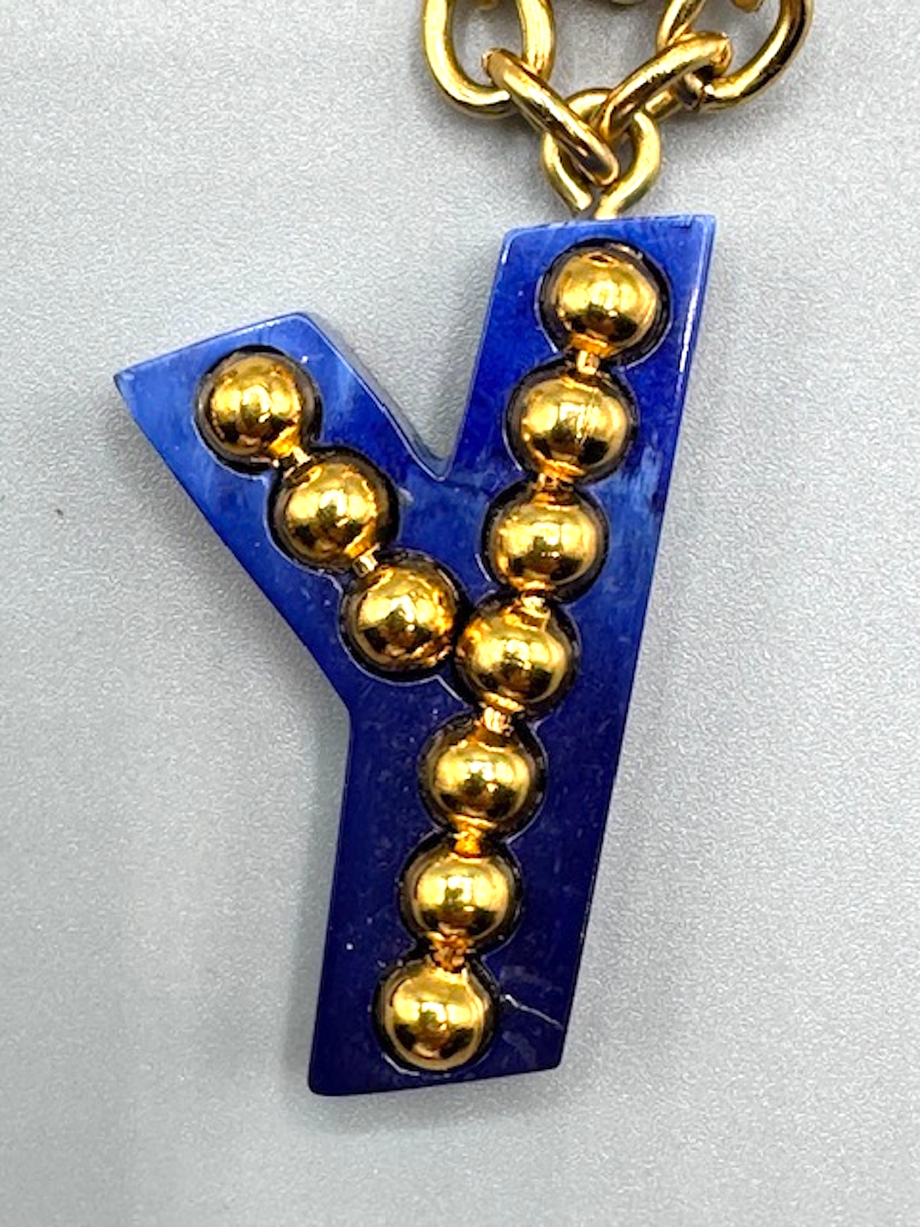 Yves Saint Laurent 1990s Gold & Blue Resin Y Letter Pendant  Earrings 1