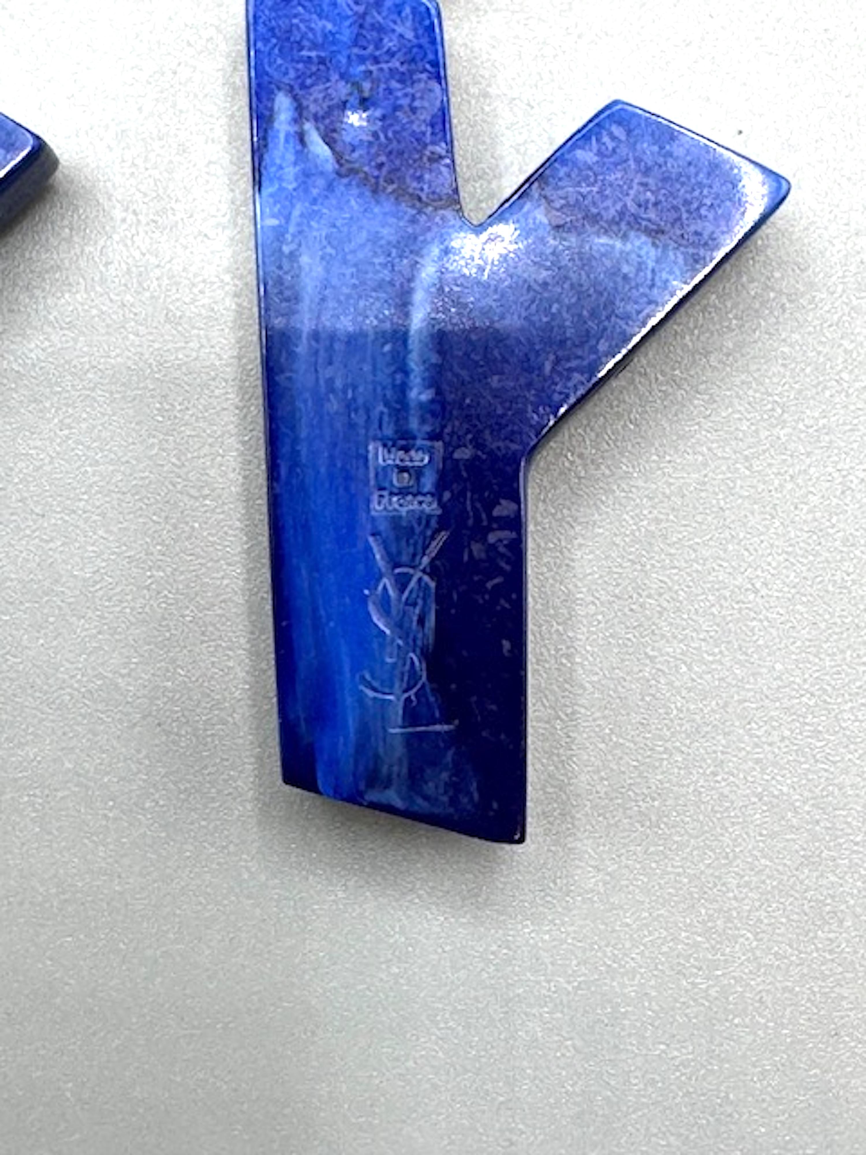 Yves Saint Laurent 1990s Gold & Blue Resin Y Letter Pendant  Earrings 2