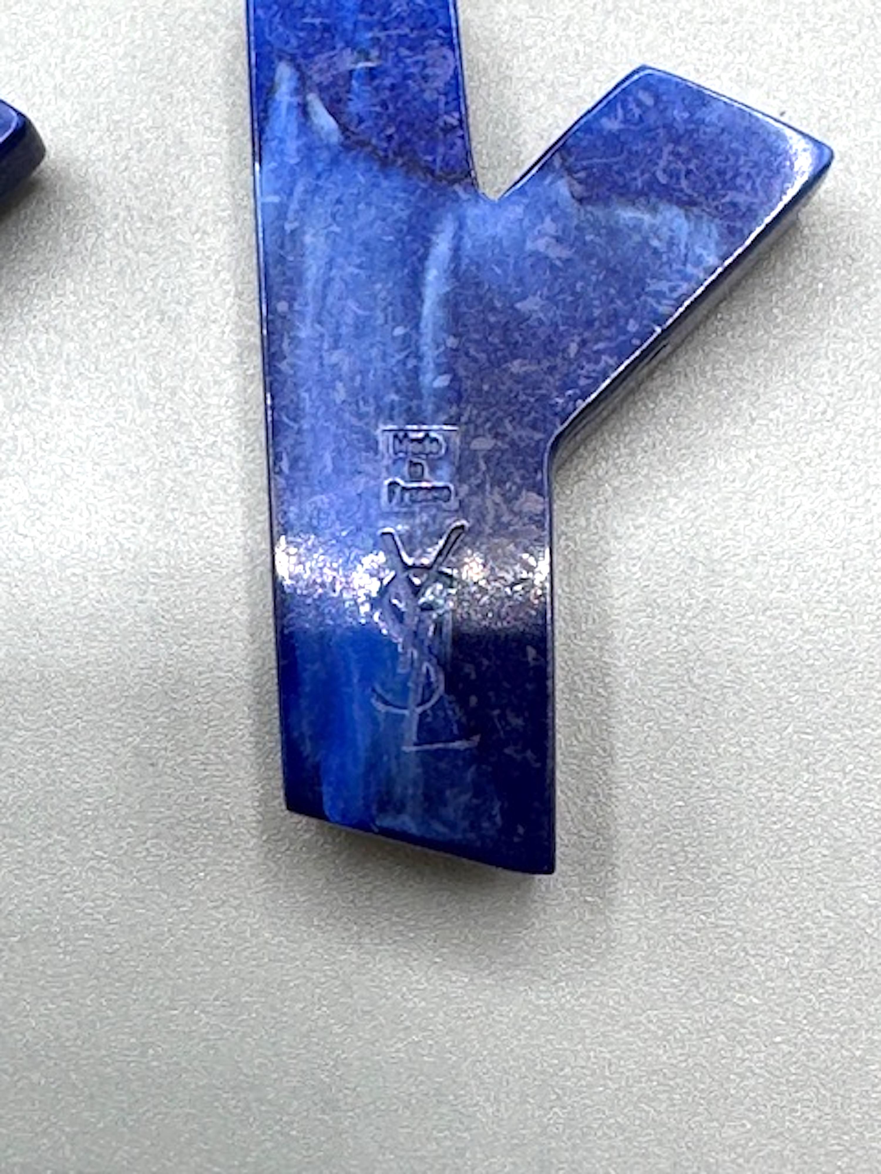 Yves Saint Laurent 1990s Gold & Blue Resin Y Letter Pendant  Earrings 3
