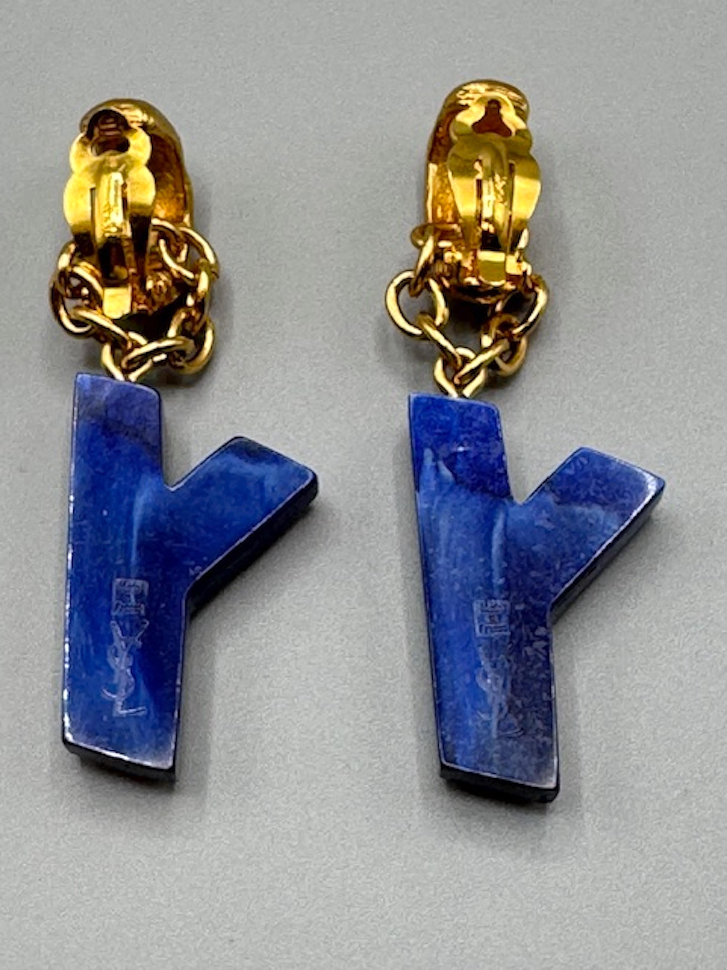 Yves Saint Laurent 1990s Gold & Blue Resin Y Letter Pendant  Earrings 4