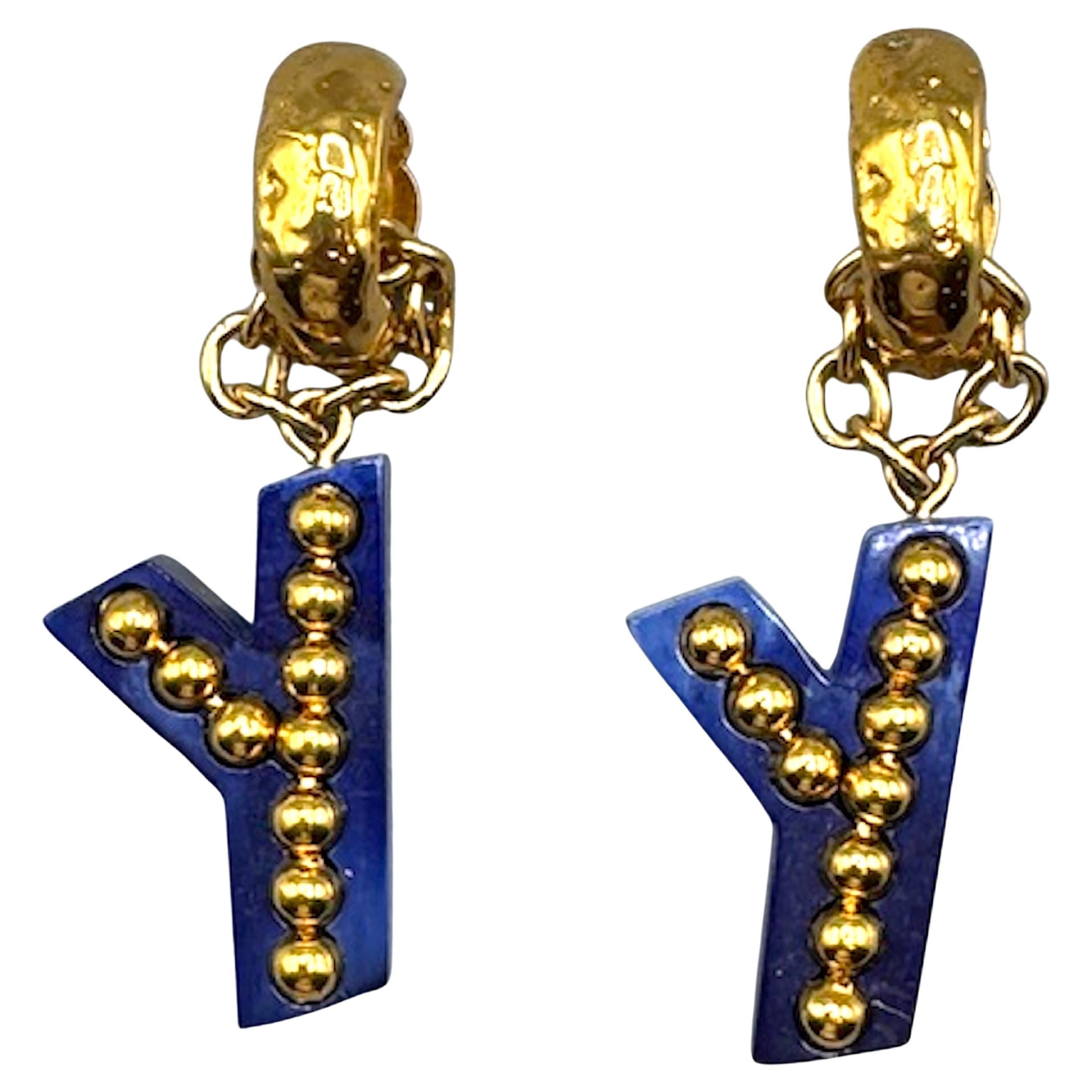 Yves Saint Laurent 1990s Gold & Blue Resin Y Letter Pendant  Earrings