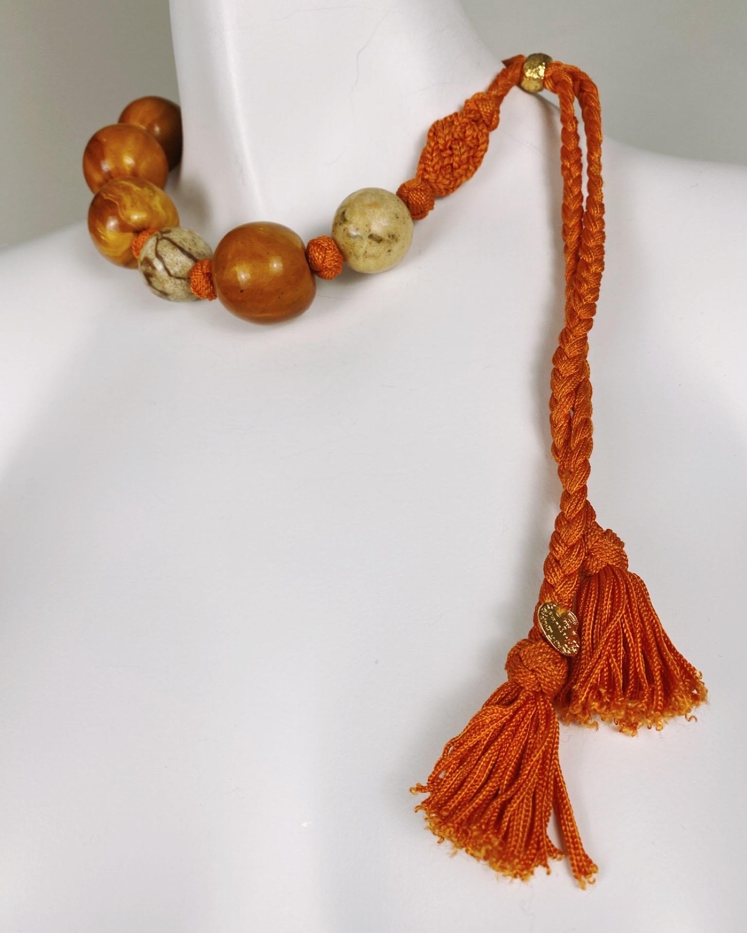 Contemporary YVES SAINT LAURENT 1990s Orange Beaded and Passementerie Tassel Necklace For Sale