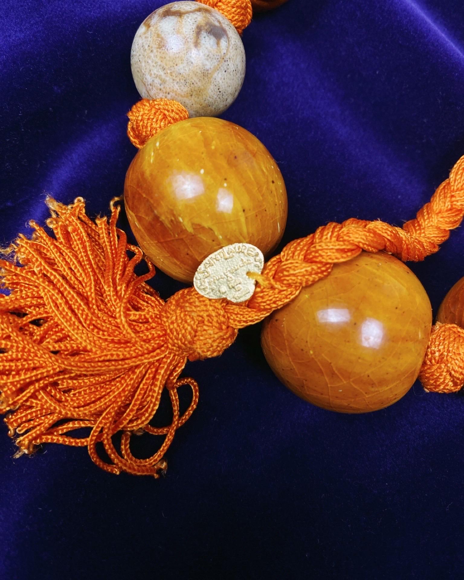 YVES SAINT LAURENT 1990s Orange Beaded and Passementerie Tassel Necklace In Excellent Condition For Sale In Genève, CH