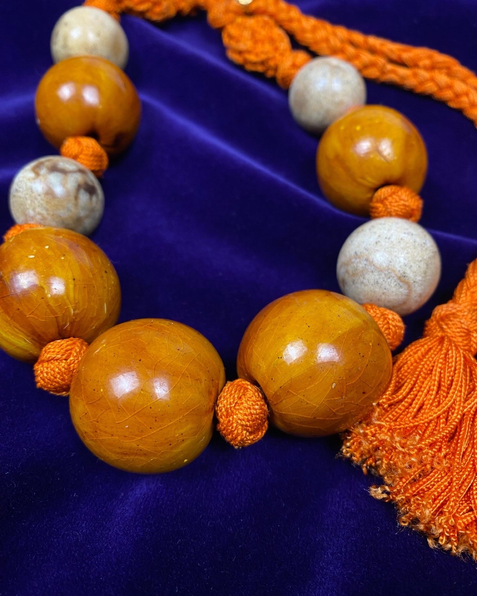 Women's or Men's YVES SAINT LAURENT 1990s Orange Beaded and Passementerie Tassel Necklace For Sale