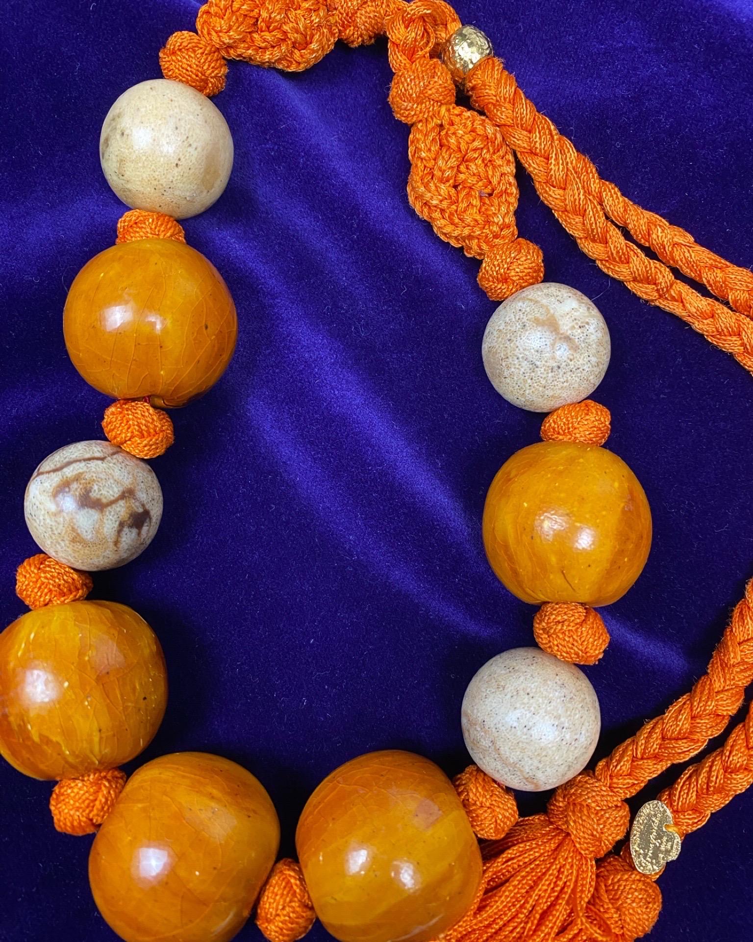 YVES SAINT LAURENT 1990s Orange Beaded and Passementerie Tassel Necklace For Sale 1