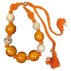 Vintage YVES SAINT LAURENT 1990s Orange Beaded and Passementerie Tassel Necklace