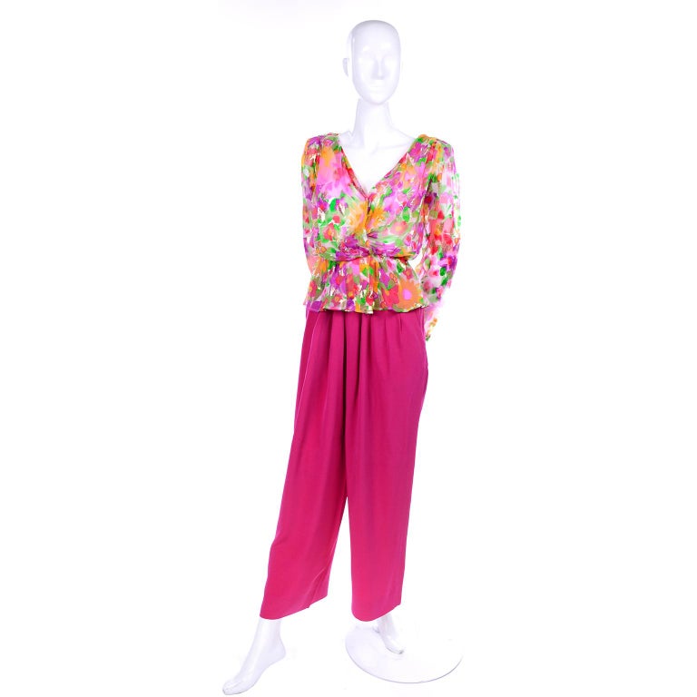 Yves Saint Laurent 1990s Pink Silk Pants and Floral Peplum Blouse W ...