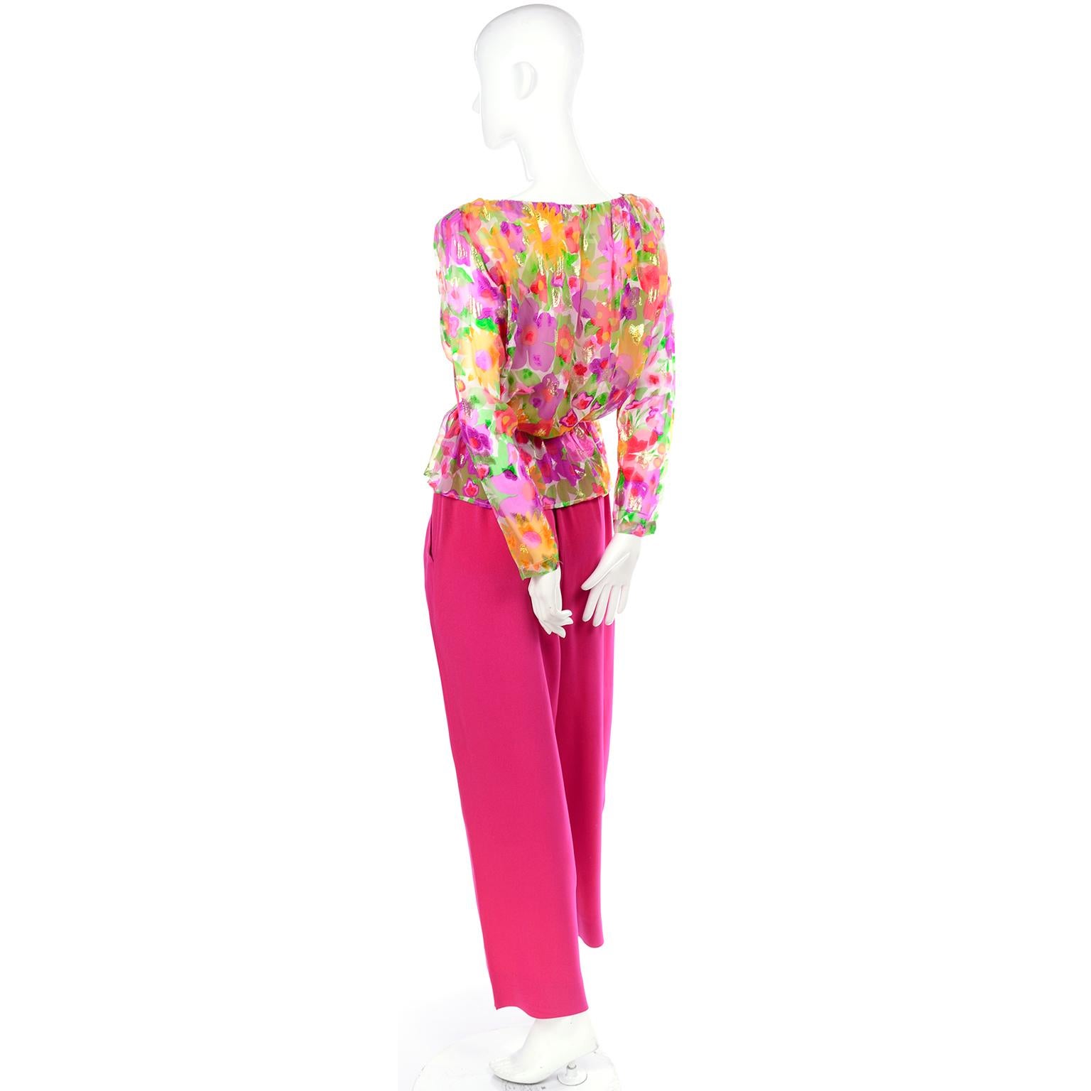 Yves Saint Laurent 1990s Pink Silk Pants & Floral Peplum Blouse W/ Gold Lame 1