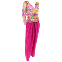 Yves Saint Laurent 1990s Pink Silk Pants & Floral Peplum Blouse W/ Gold Lame
