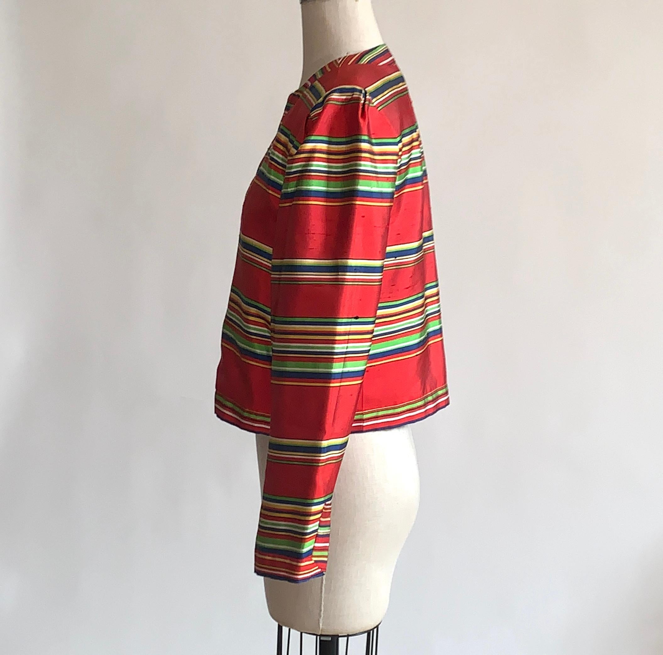 Yves Saint Laurent 1990s Silk Jacket in Red, Green, Blue and Yellow Stripe In Excellent Condition For Sale In San Francisco, CA