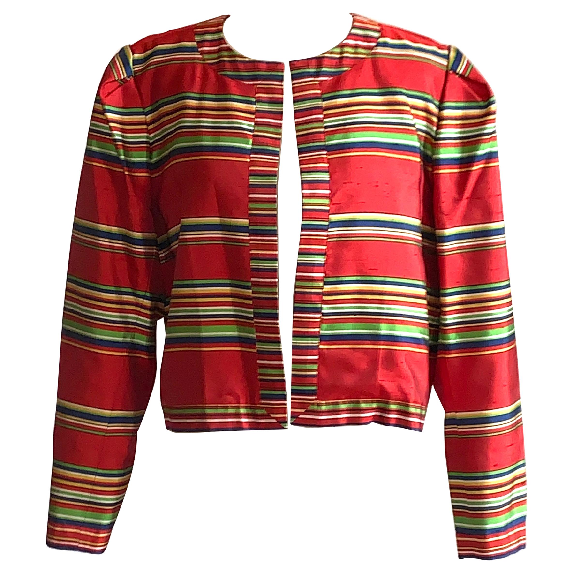 Yves Saint Laurent 1990s Silk Jacket in Red, Green, Blue and Yellow Stripe