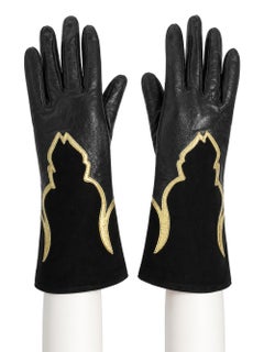 Yves Saint Laurent 1990s Vintage Black Leather Gloves with Gold Trim