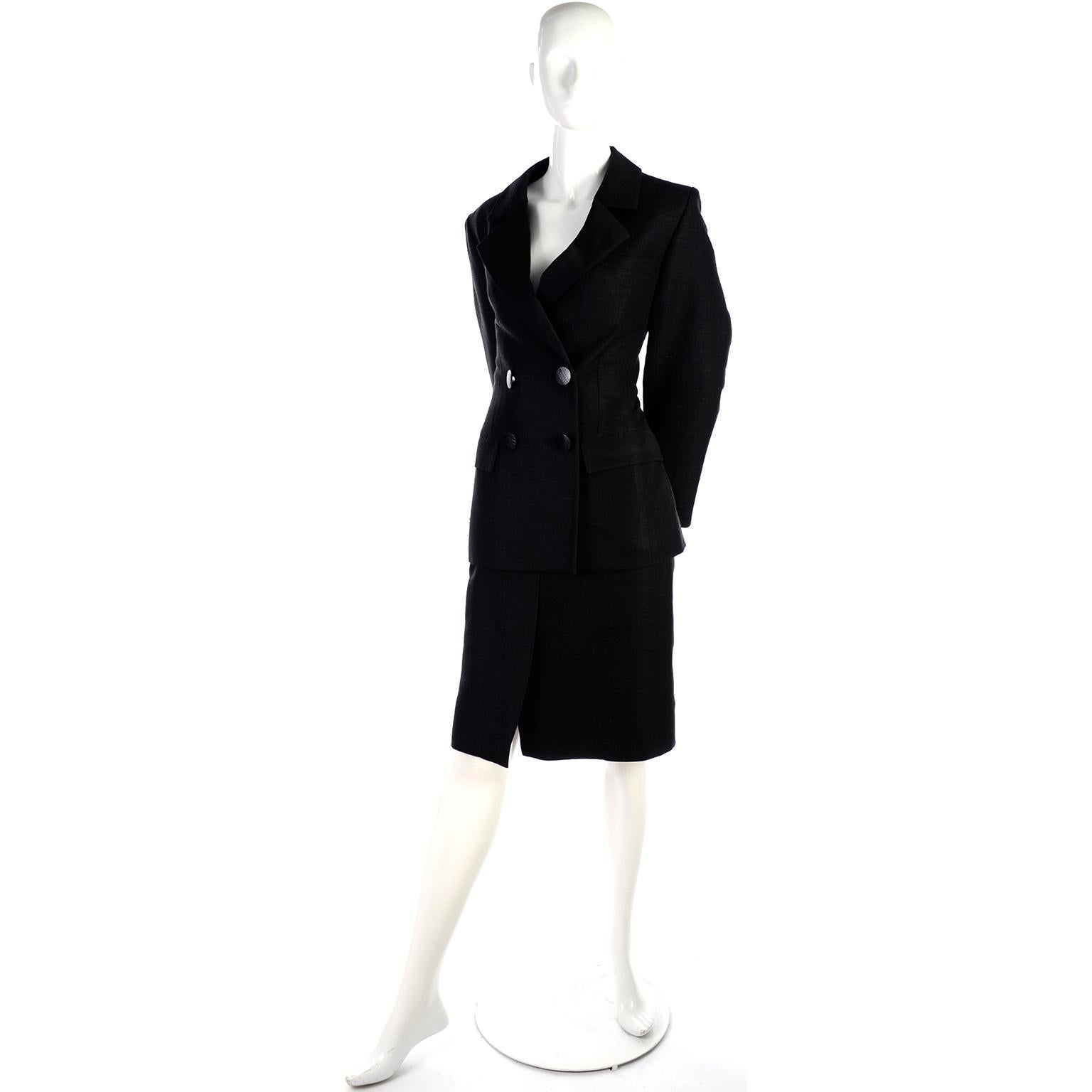 Yves Saint Laurent 1990s Vintage Black Silk Skirt & Blazer Suit w/ Satin Lapels In Excellent Condition In Portland, OR