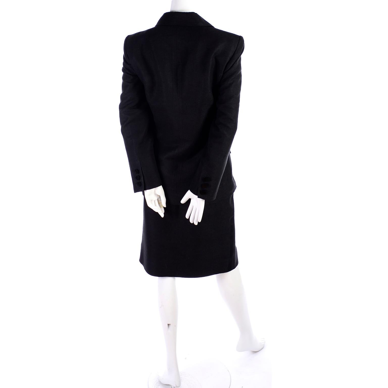 Women's Yves Saint Laurent 1990s Vintage Black Silk Skirt & Blazer Suit w/ Satin Lapels