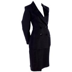 Yves Saint Laurent 1990s Vintage Black Silk Skirt & Blazer Suit w/ Satin Lapels