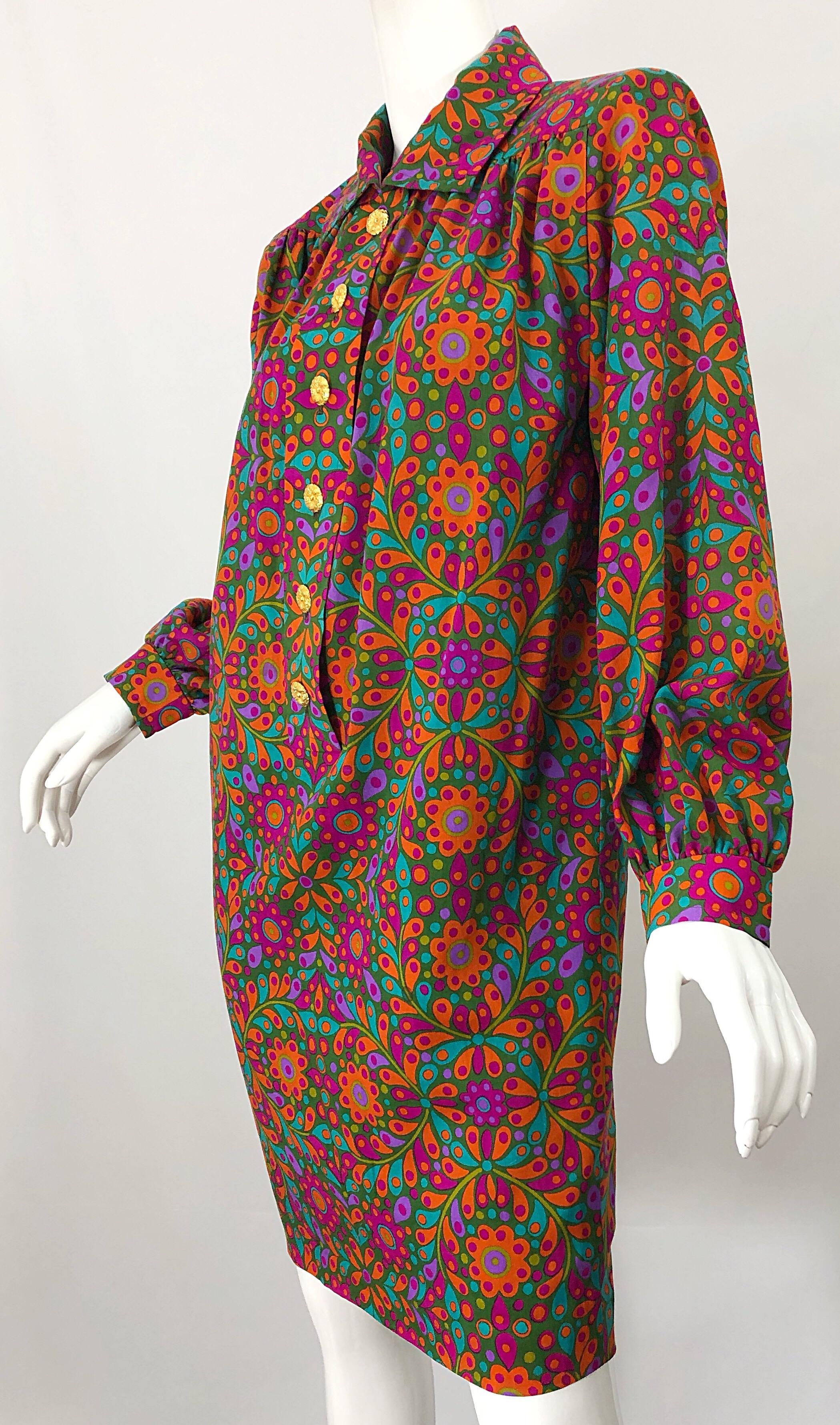 Yves Saint Laurent 1990s Wool Challis Flower Print Vintage 90s Smock Dress For Sale 5