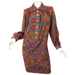 Yves Saint Laurent 1990s Wool Challis Flower Print Vintage 90s Smock Dress