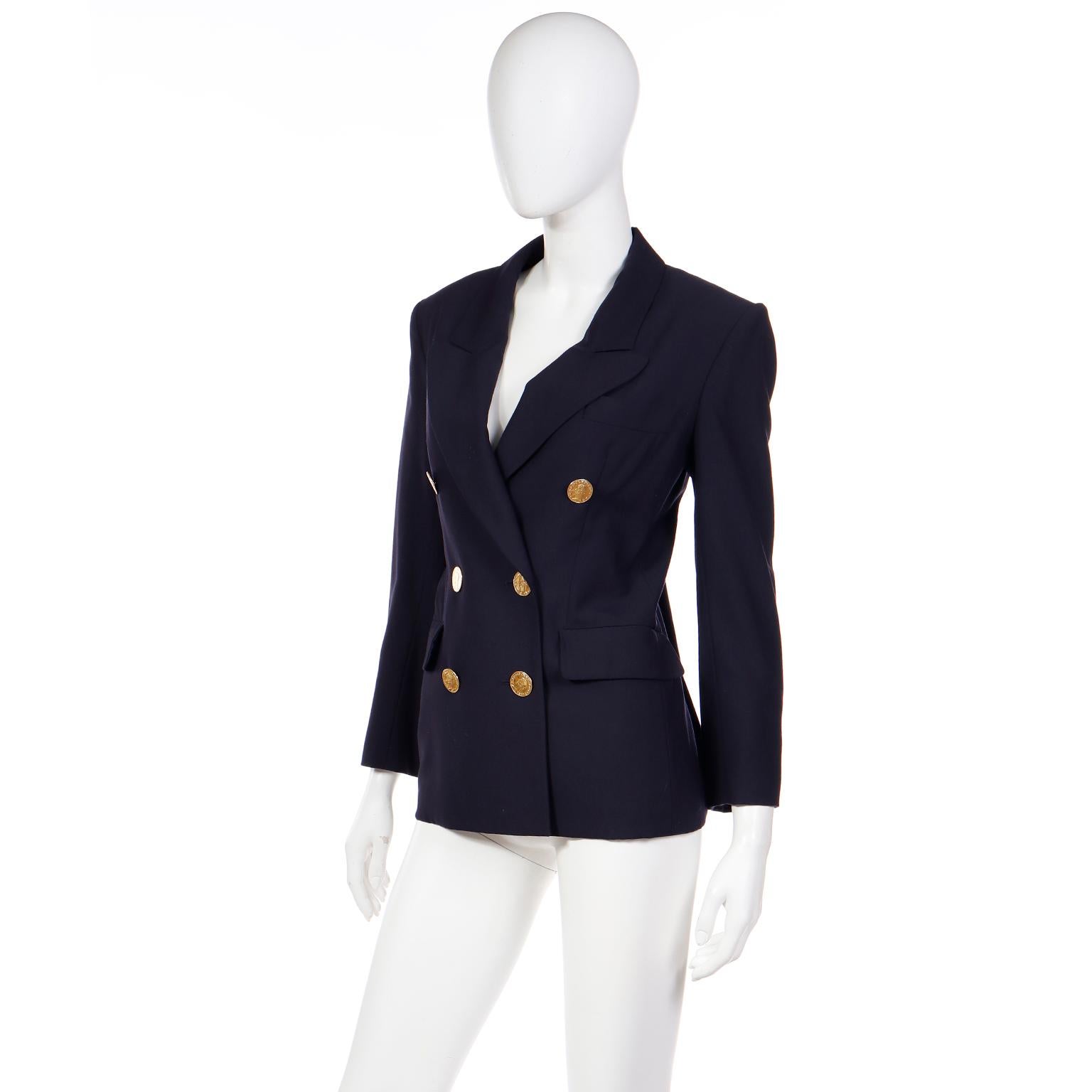 Yves Saint Laurent 1991 Navy Blue Wool Blazer Jacket w Faux Gold Coin Buttons In Good Condition For Sale In Portland, OR