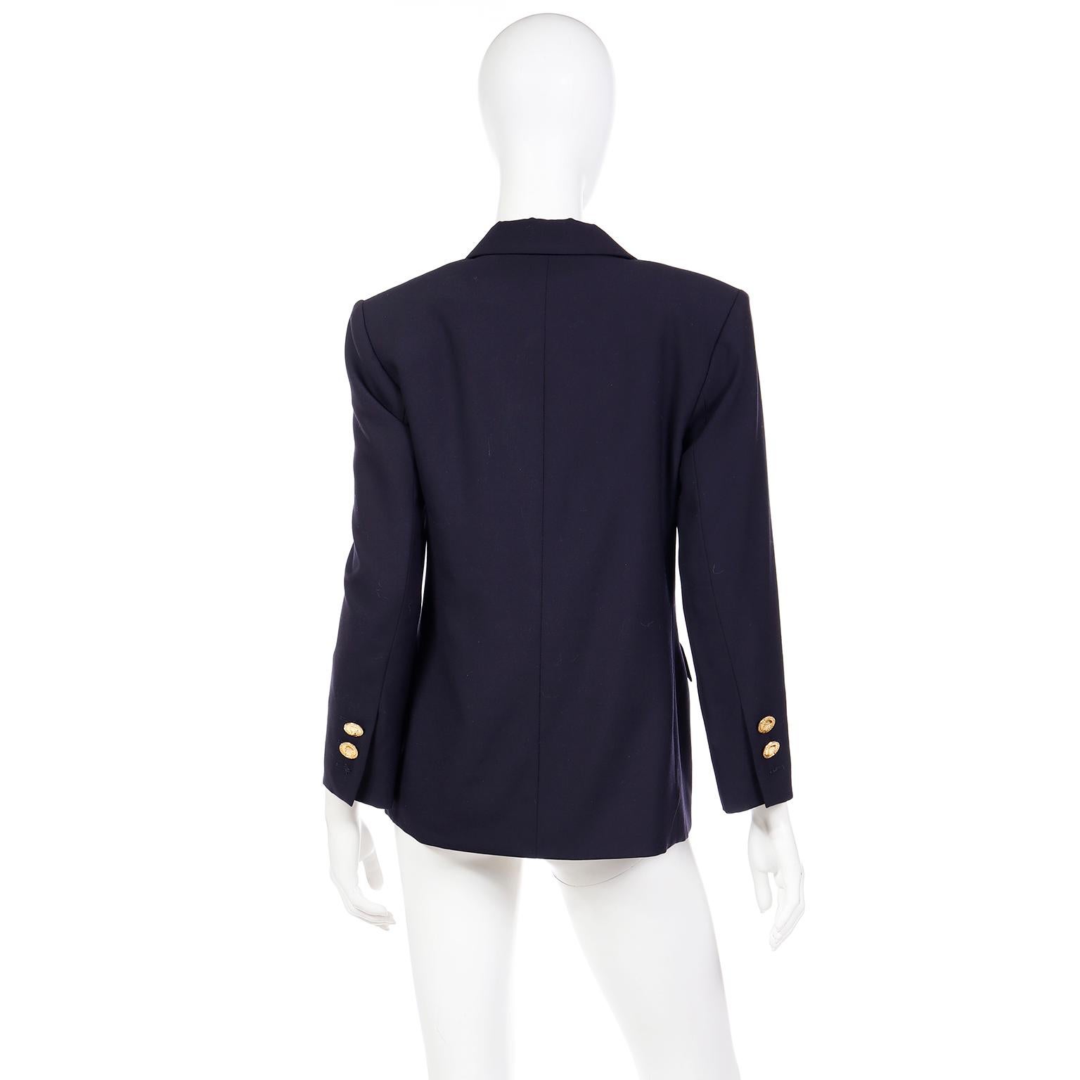 Women's Yves Saint Laurent 1991 Navy Blue Wool Blazer Jacket w Faux Gold Coin Buttons For Sale