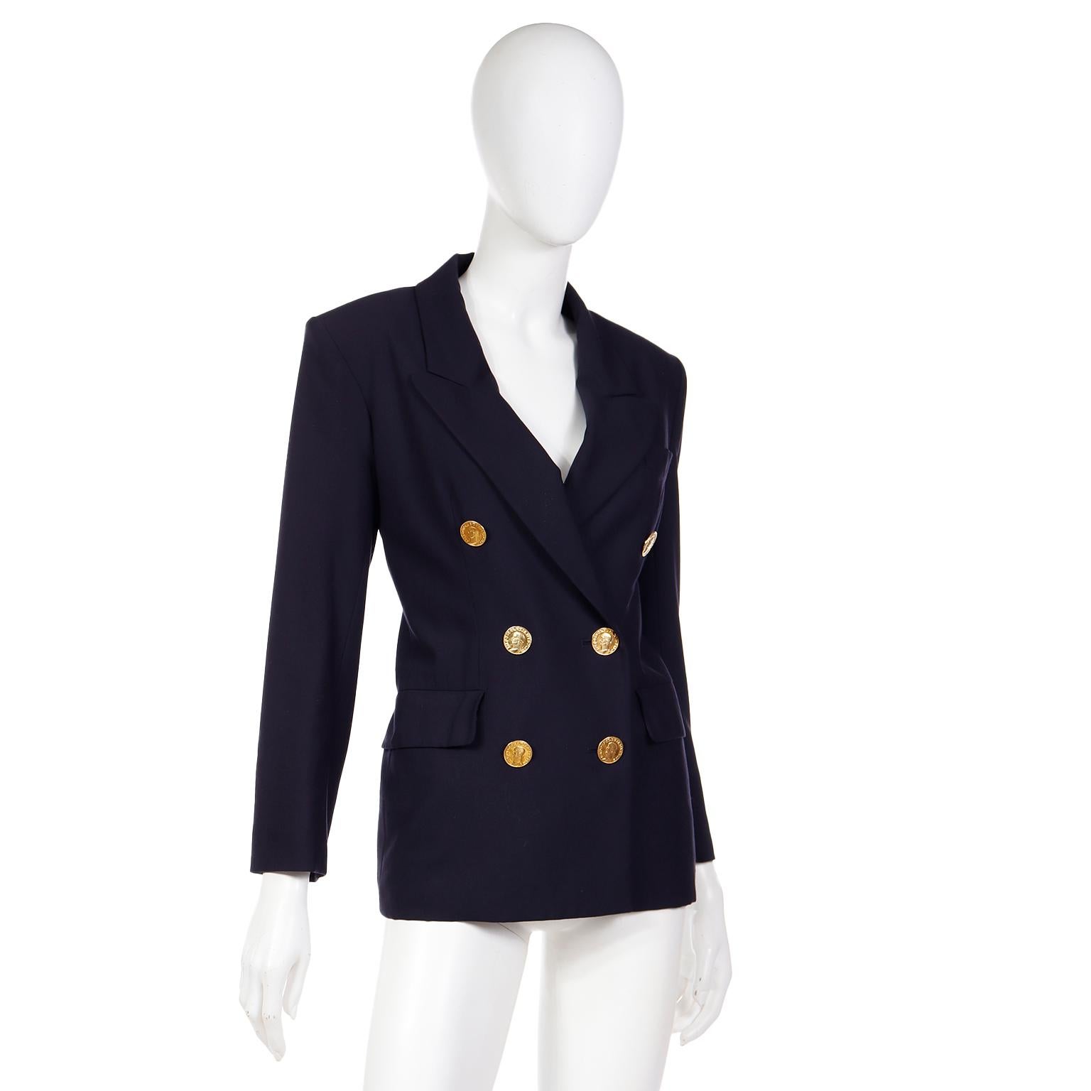 Yves Saint Laurent 1991 Navy Blue Wool Blazer Jacket w Faux Gold Coin Buttons For Sale 1