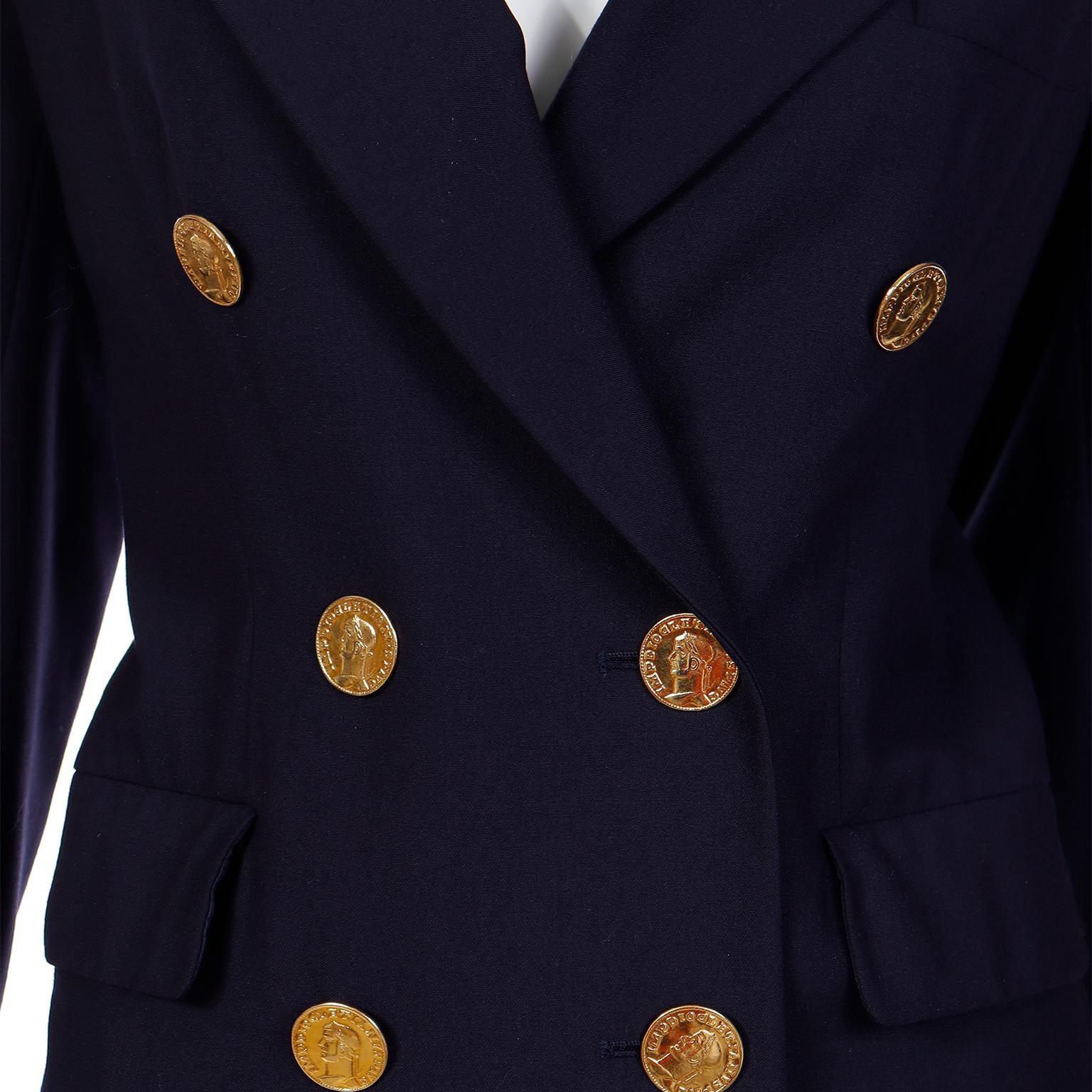 Yves Saint Laurent 1991 Navy Blue Wool Blazer Jacket w Faux Gold Coin Buttons For Sale 2
