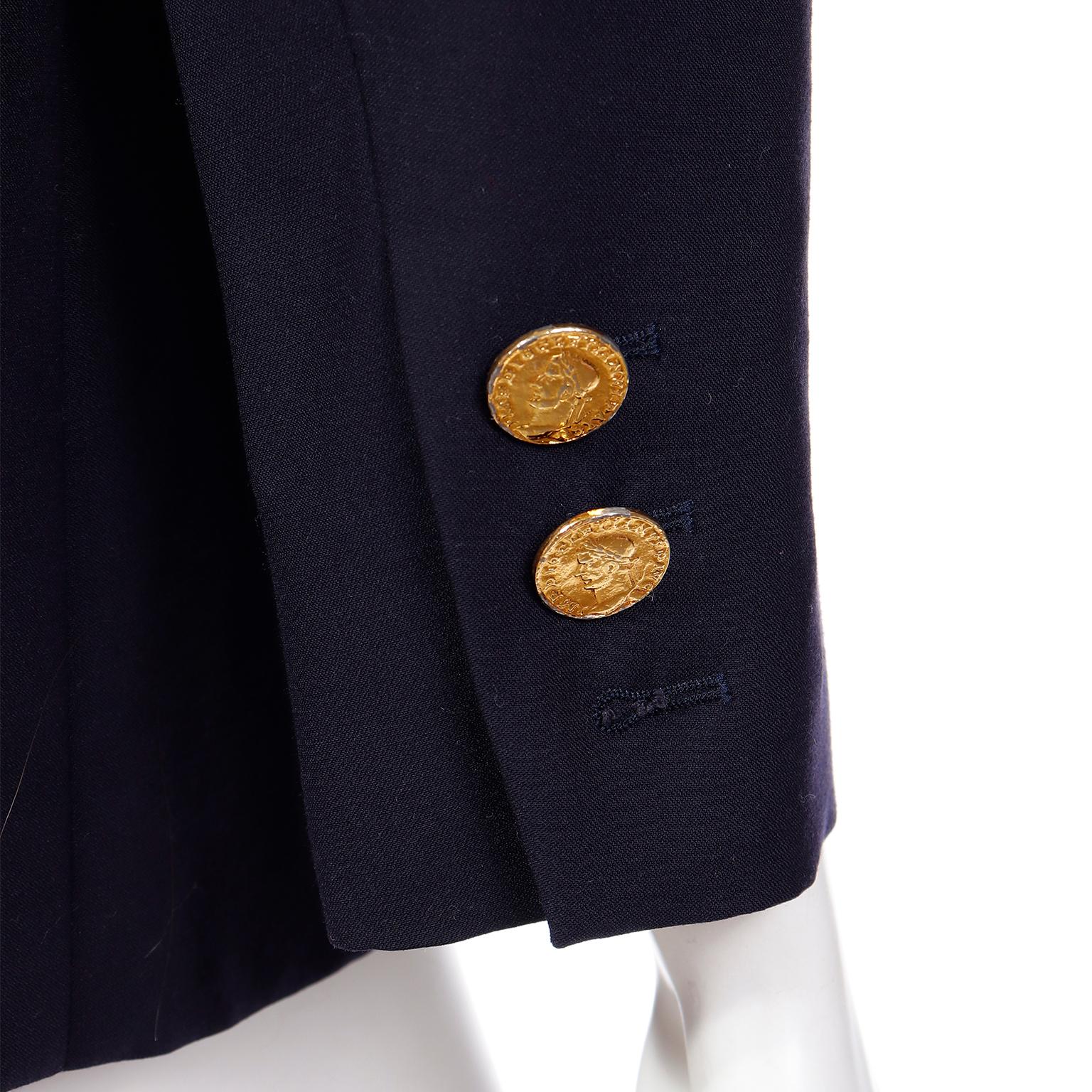 Yves Saint Laurent 1991 Navy Blue Wool Blazer Jacket w Faux Gold Coin Buttons For Sale 4