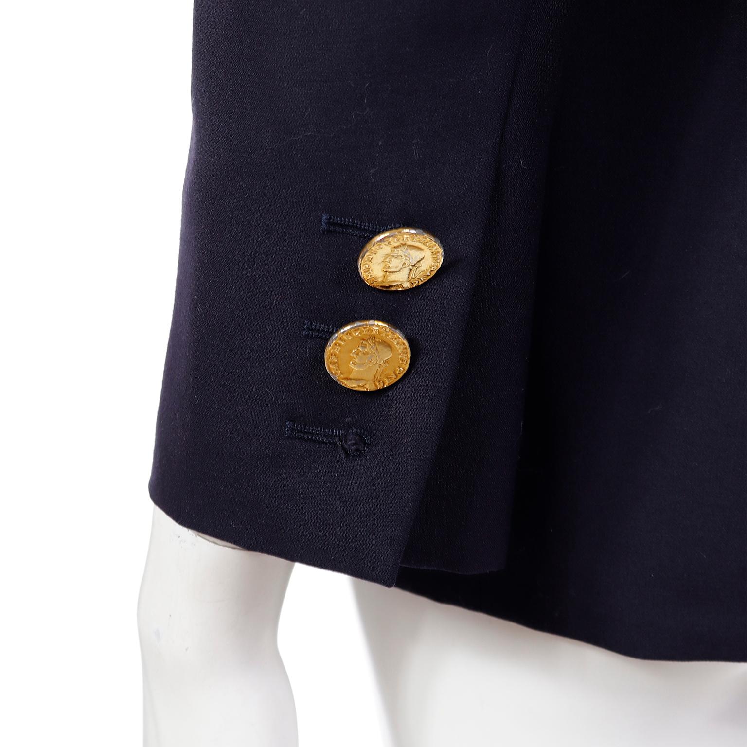 Yves Saint Laurent 1991 Navy Blue Wool Blazer Jacket w Faux Gold Coin Buttons For Sale 5