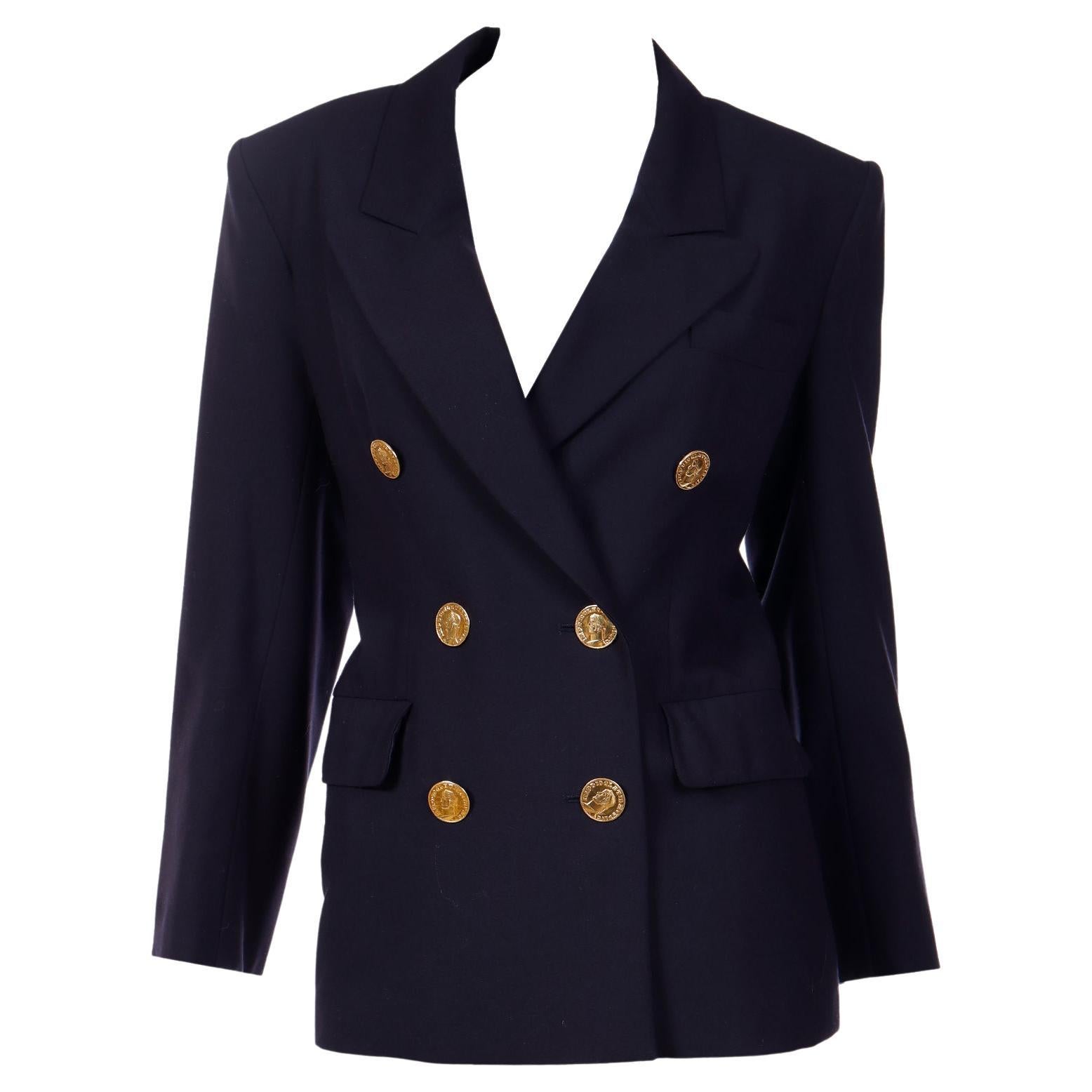 Yves Saint Laurent 1991 Navy Blue Wool Blazer Jacket w Faux Gold Coin Buttons For Sale