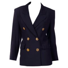 Yves Saint Laurent 1991 Navy Blue Wool Blazer Jacket w Faux Gold Coin Buttons