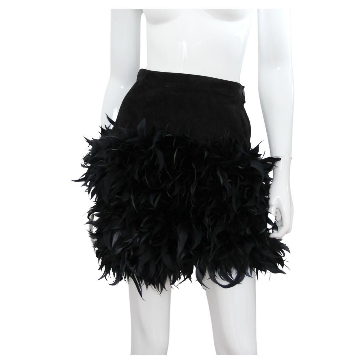YVES SAINT LAURENT 1993 Black Suede Leather Skirt With Feathers - YSL
