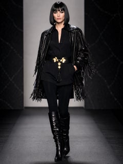 Cintura in pelle nera Yves Saint Laurent anni 2000 con fibbia a foglia d'oro