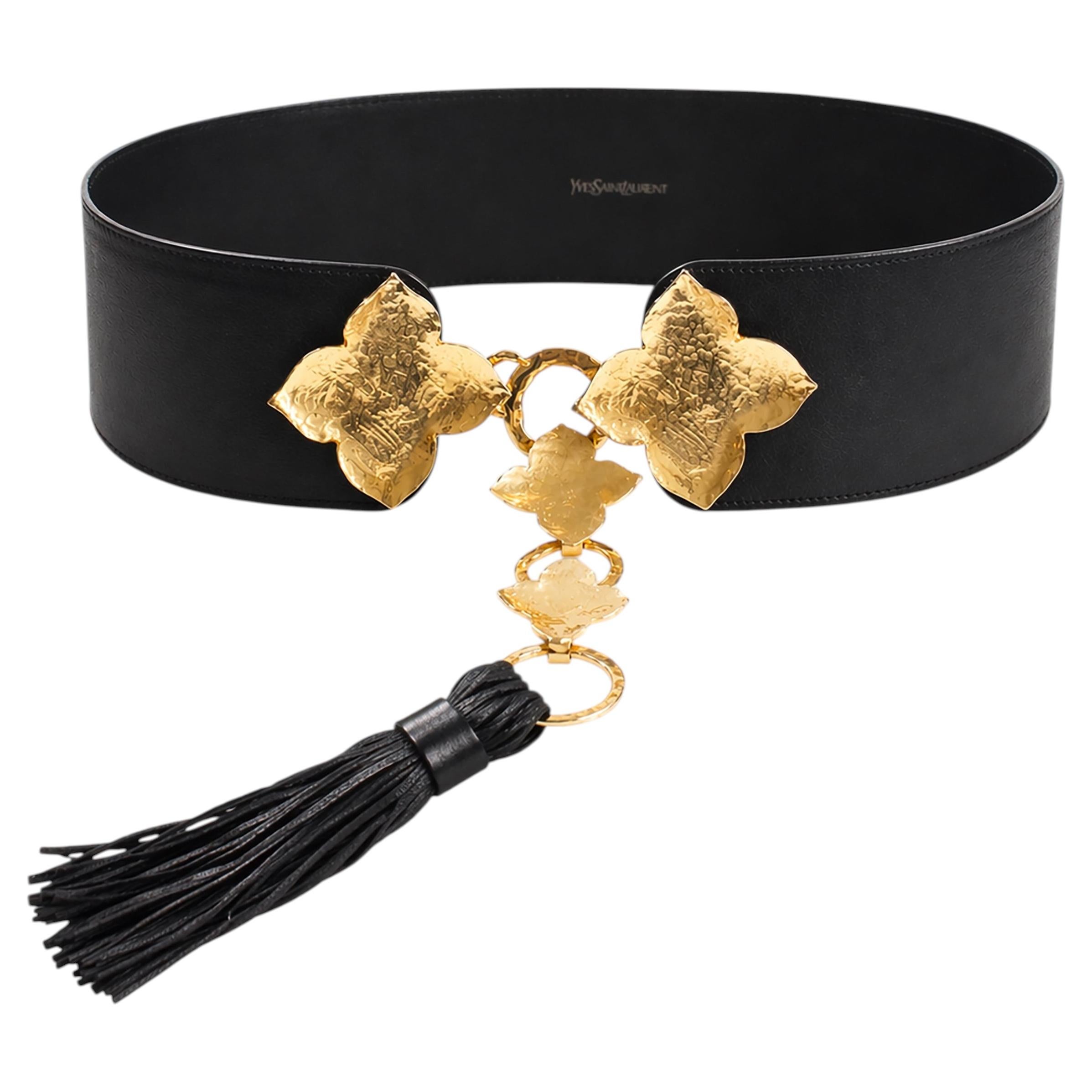 Yves Saint Laurent 2000s Black Leather Belt with Gold Leaf Buckle