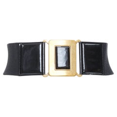 YVES SAINT LAURENT 2002 black patent leather elastic square buckle belt 65cm