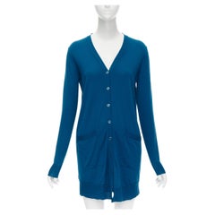 YVES SAINT LAURENT - Cardigan long en laine 100 % bleu paon avec poche, taille S, 2008