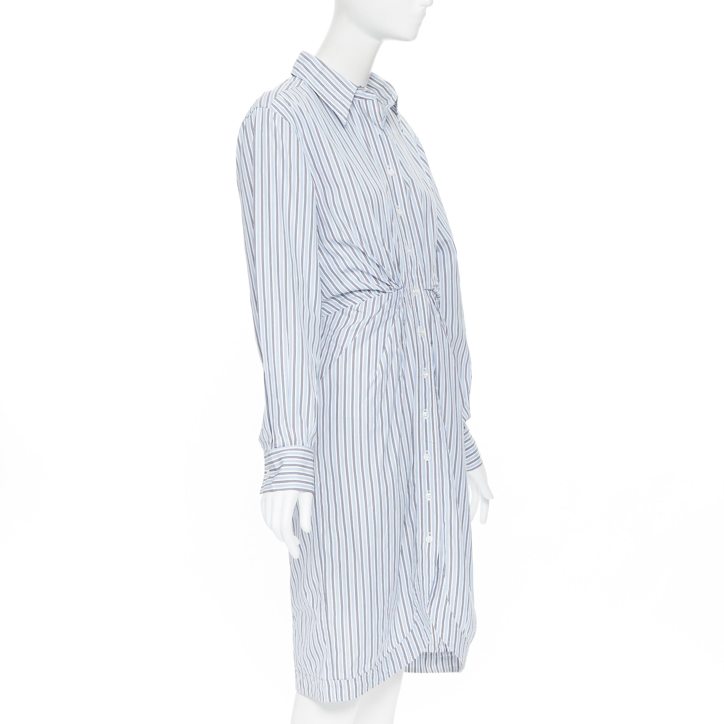 Gray YVES SAINT LAURENT 2008 blue white striped gathered waist shirt dress FR40