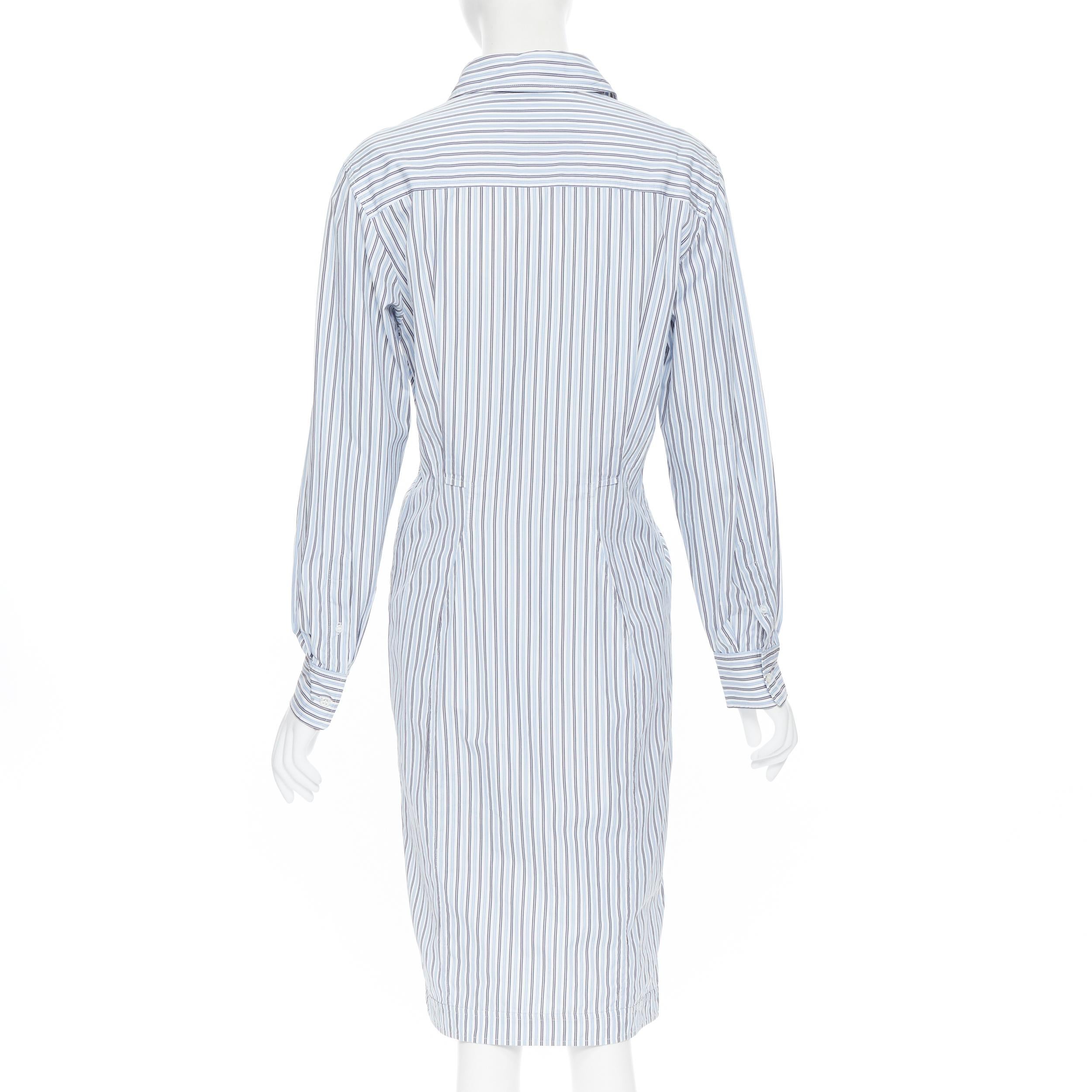 YVES SAINT LAURENT 2008 blue white striped gathered waist shirt dress FR40 1