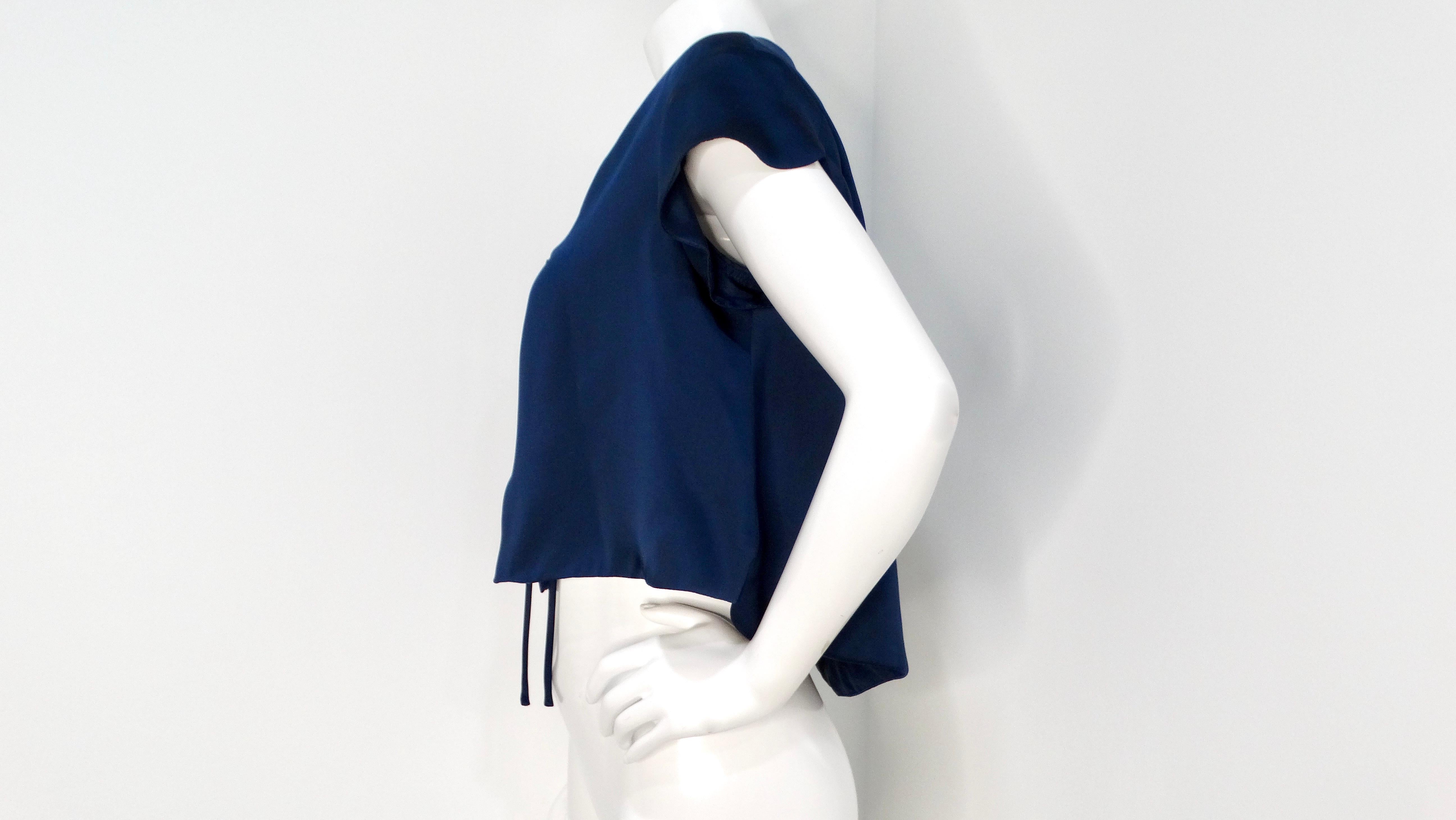 Yves Saint Laurent 2008 Navy Silk Tie Cropped Blouse In Good Condition For Sale In Scottsdale, AZ