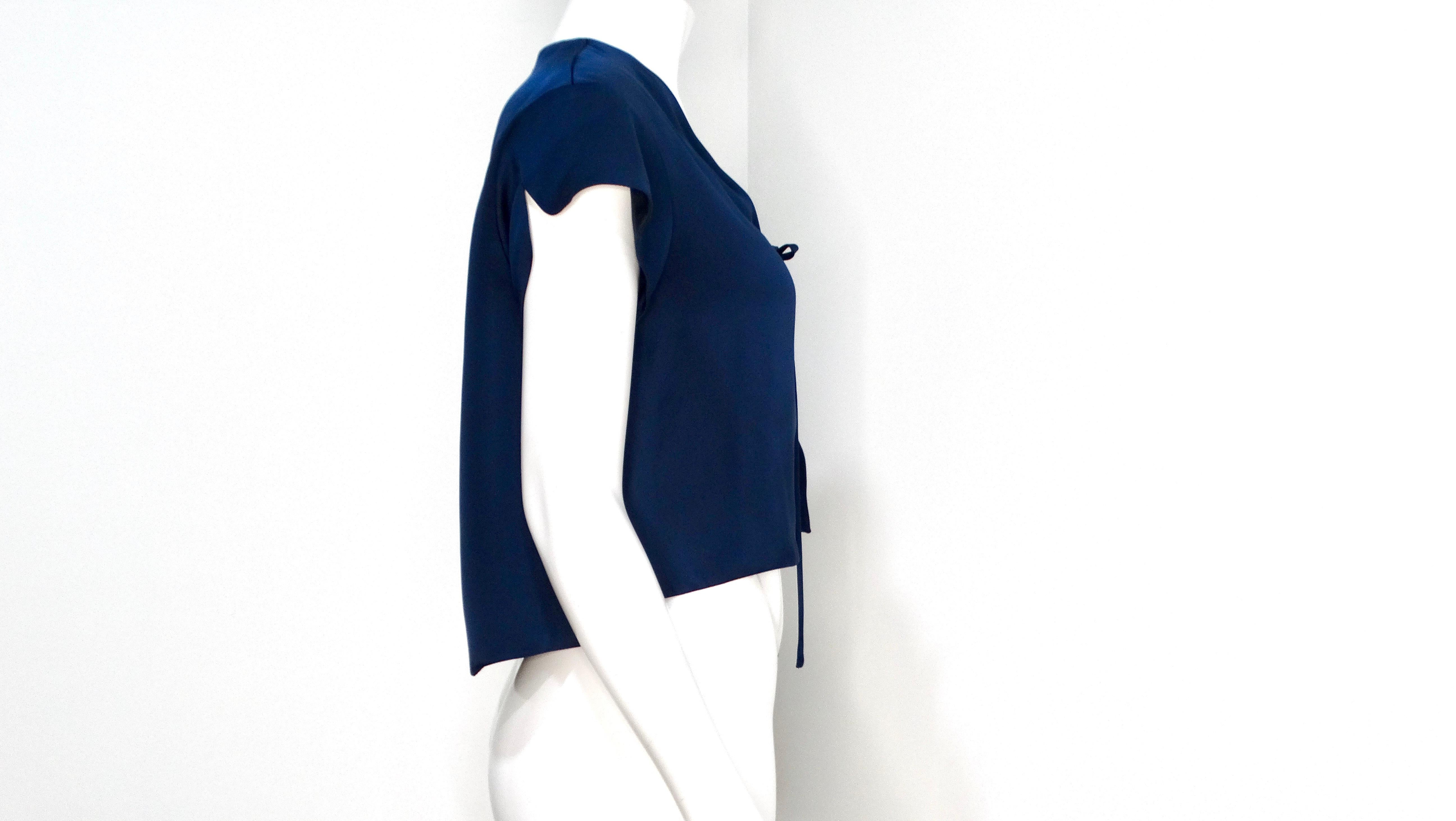 Yves Saint Laurent 2008 Navy Silk Tie Cropped Blouse For Sale 2