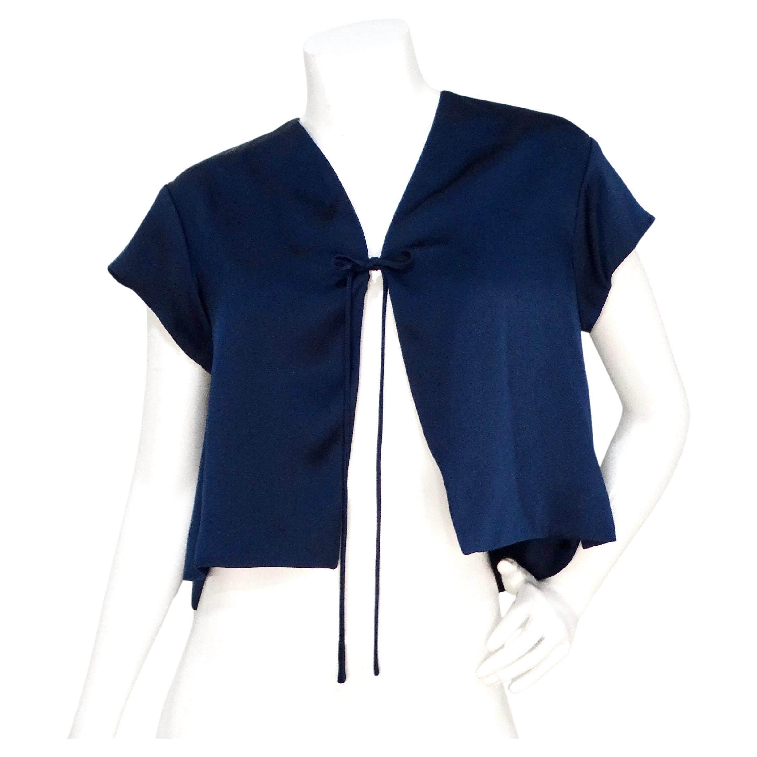 Yves Saint Laurent 2008 Navy Silk Tie Cropped Blouse For Sale