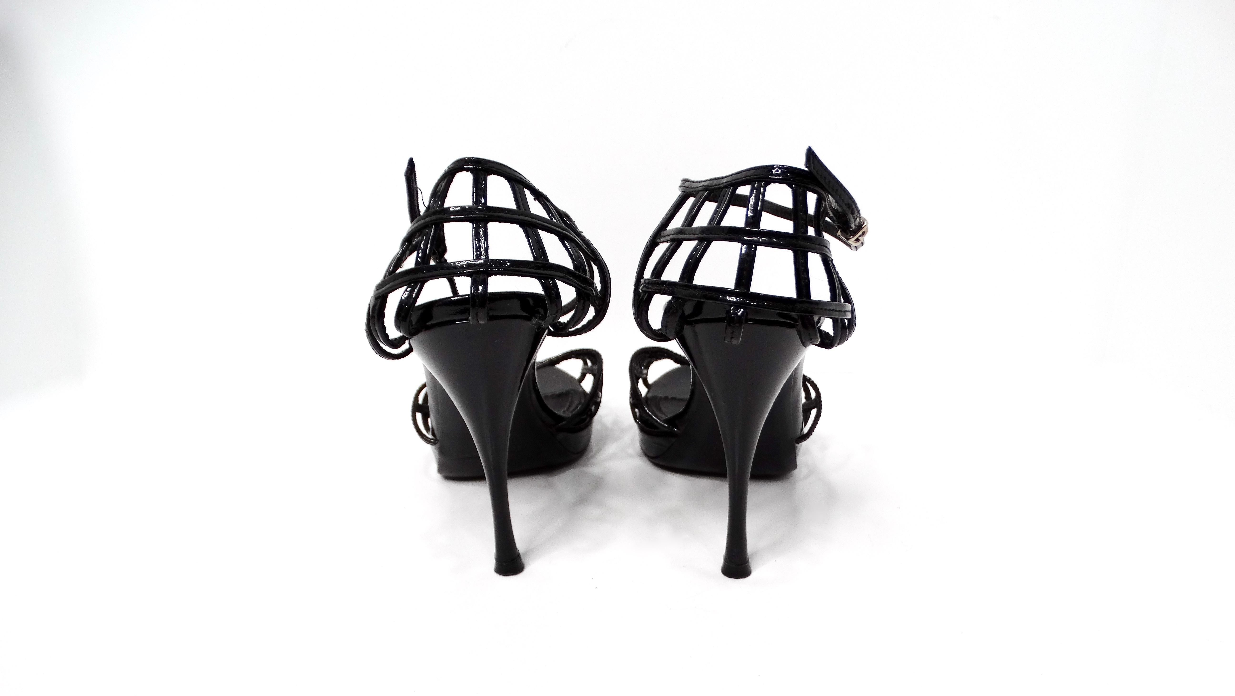 Yves Saint Laurent 2009 Black Patent Leather Cage Sandal Heels For Sale 2