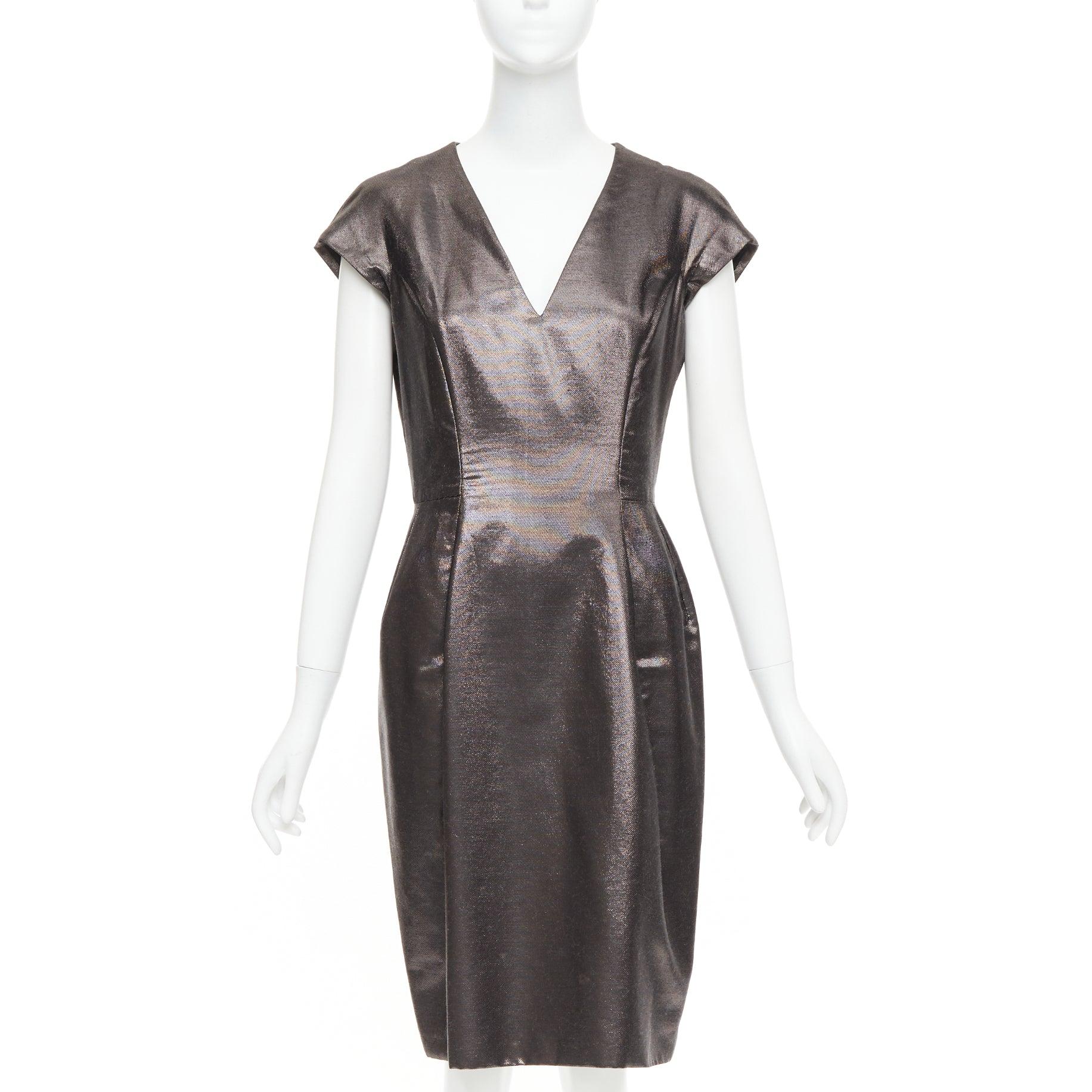 YVES SAINT LAURENT 2009 bronze metallic look V neck sheath dress FR40 S