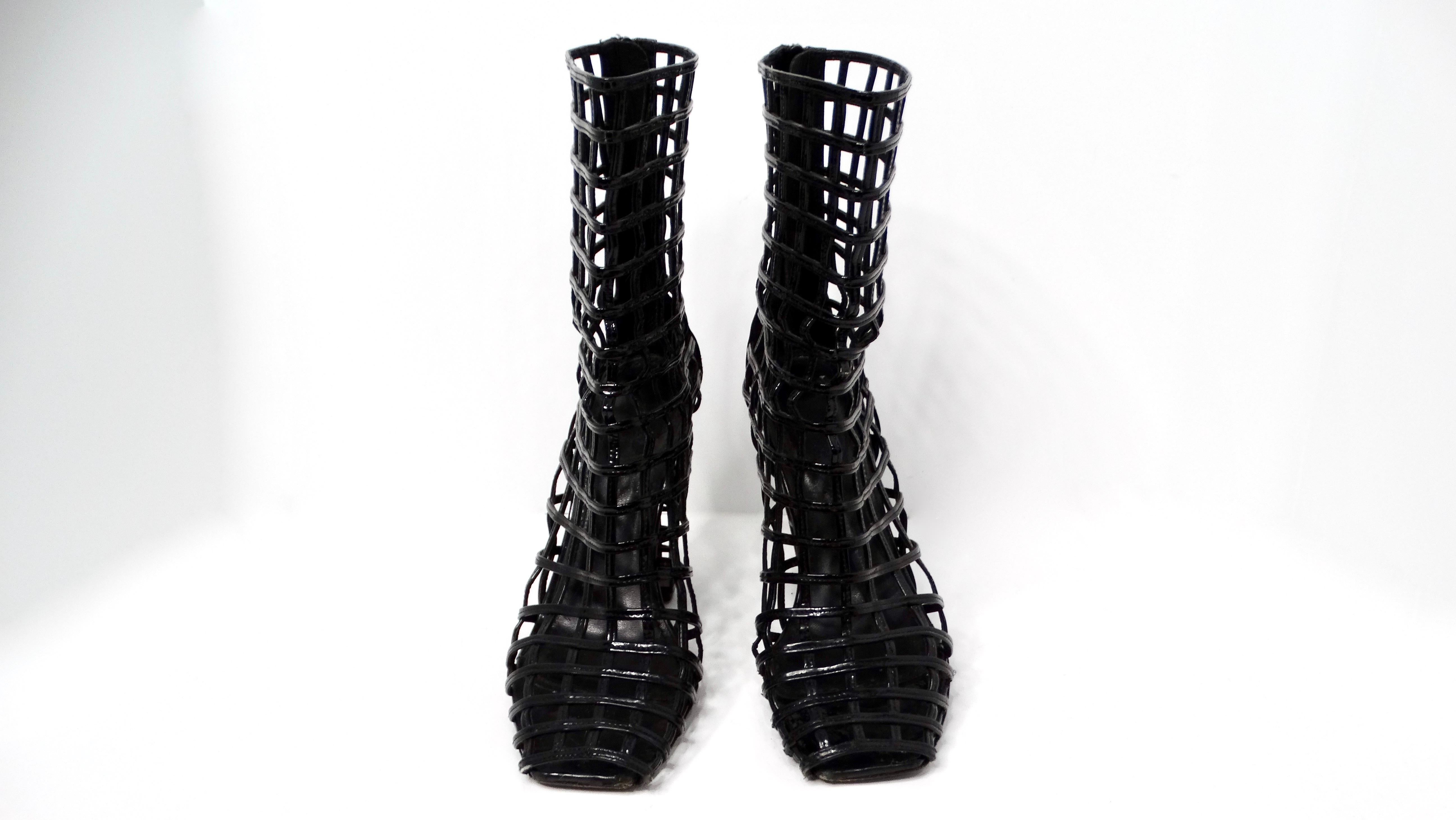 Yves Saint Laurent 2009 Runway Black Patent Leather Cage Boots In Good Condition For Sale In Scottsdale, AZ